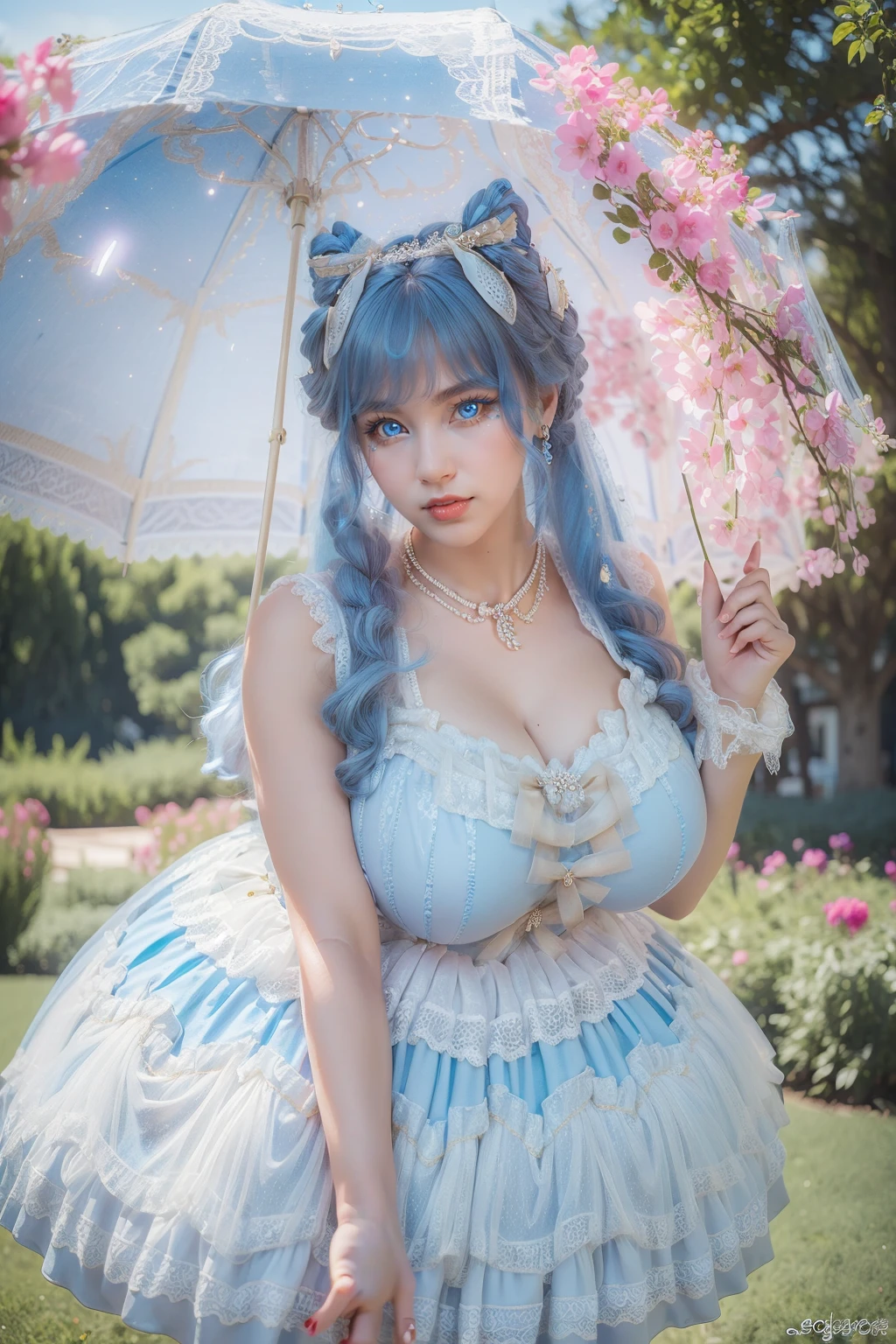 (masterpiece, best quality:1.2),illustration,8k,hd,1 girl,depth of field,bswq,dress,white dress,blue dress,umbrella,jewelry,necklace,pantyhose,bow,lace,lace trim,lace-trimmed dress,sleeveless dress,((cleavage)),big breasts,(outdoors:1.3),(glowing blue eyes:1.3),