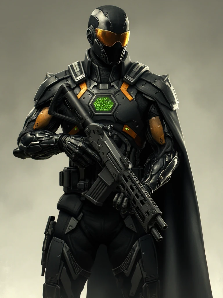 deus ex style, Depicts a futuristic armored figure standing in a poised stance. The figure is adorned in a sleek dark suit with orange and silver accents complemented by a black full helmet with a visor that obscures the face. The suit is equipped with advanced technology including glowing green hexagonal patterns on the chest and arms. The figure holding a futuristic assault rifle. The character's attire is complemented by a long flowing cape that drapes over the figure's shoulders adding a sense of movement to the technologically advanced setting, chromatic aberration  <lora:sxz-Deus-Ex-Smol-Flux:1>