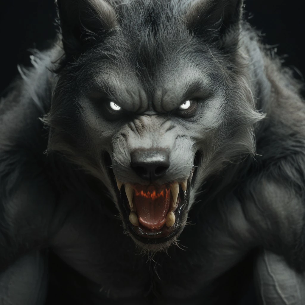 horror movie, still ,werewolf ,photo ,score_9_up ,score_8_up, score_7_up, action scene ,movie still ,no humans ,open mouth teeth, wolf looking at viewer realistic glowing solo glowing eyes black background horror (theme) animal focus animal sharp teeth white eyes fangs realistic nsfw muscular male muscular penis large pectorals male focus abs nipples pectorals bara best quality masterpiece 4k uncensored prefect lighting rating_explicit horror very aesthetic