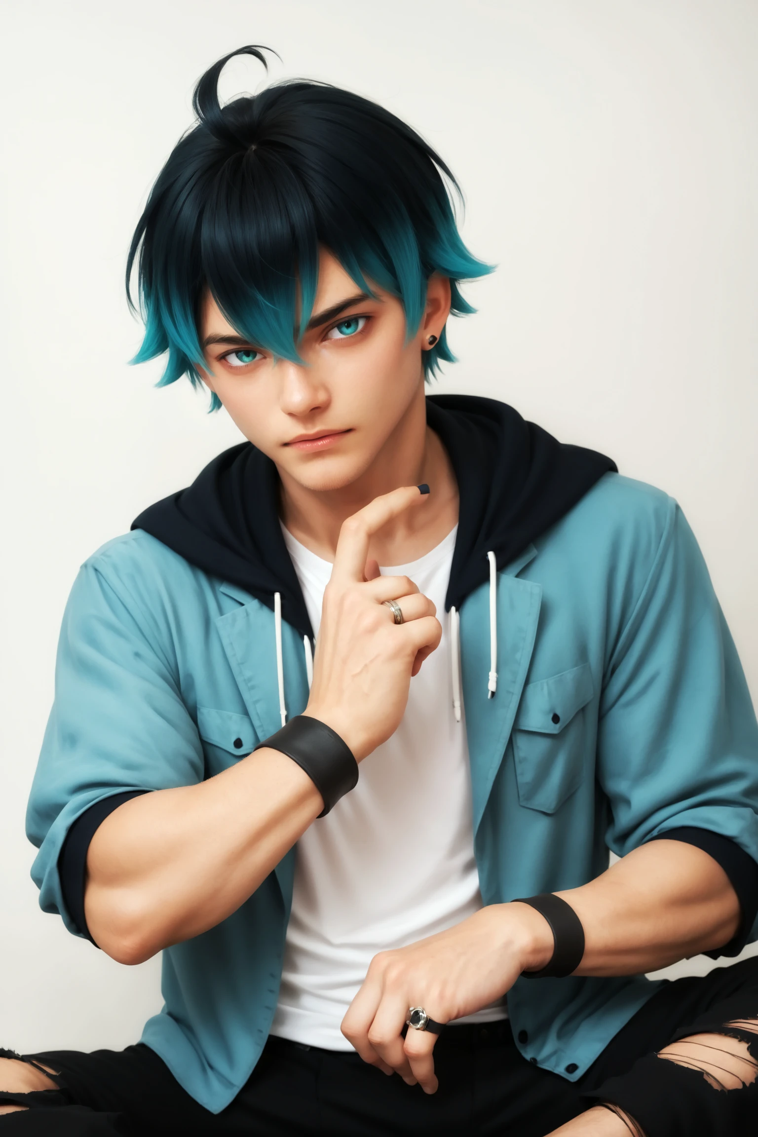 score_9, score_8_up, score_7_up, score_6_up,score_5_up,score_4_up, imtdlukac, 1boy, blue hair, hood, aqua eyes, blue eyes, jacket, shirt, white shirt, hoodie, multicolored hair, short hair, pants, bracelet, hair between eyes, bangs, hood down, ahoge, green hair, black hair, gradient hair, ring, torn pants, wristband, stud earrings, black pants
