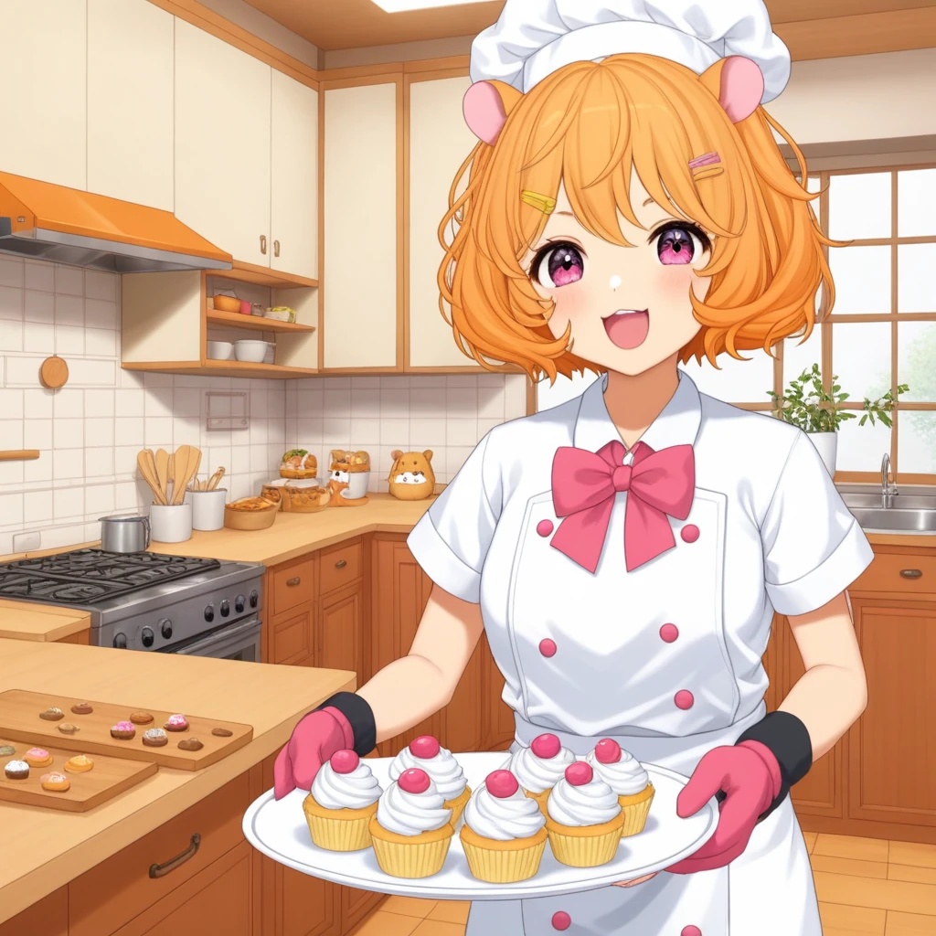 eimi, small hamster ears, orange curly hair, faded fushia gradient eyes, virtual youtuber, anime drawing, hair ornaments, 
carrying a tray of cupcakes, chef hat, indoors, kitchen, wearing mittens, open mouth, happy, 
<lora:EIMI-XLv2-t1-000002:0.6>