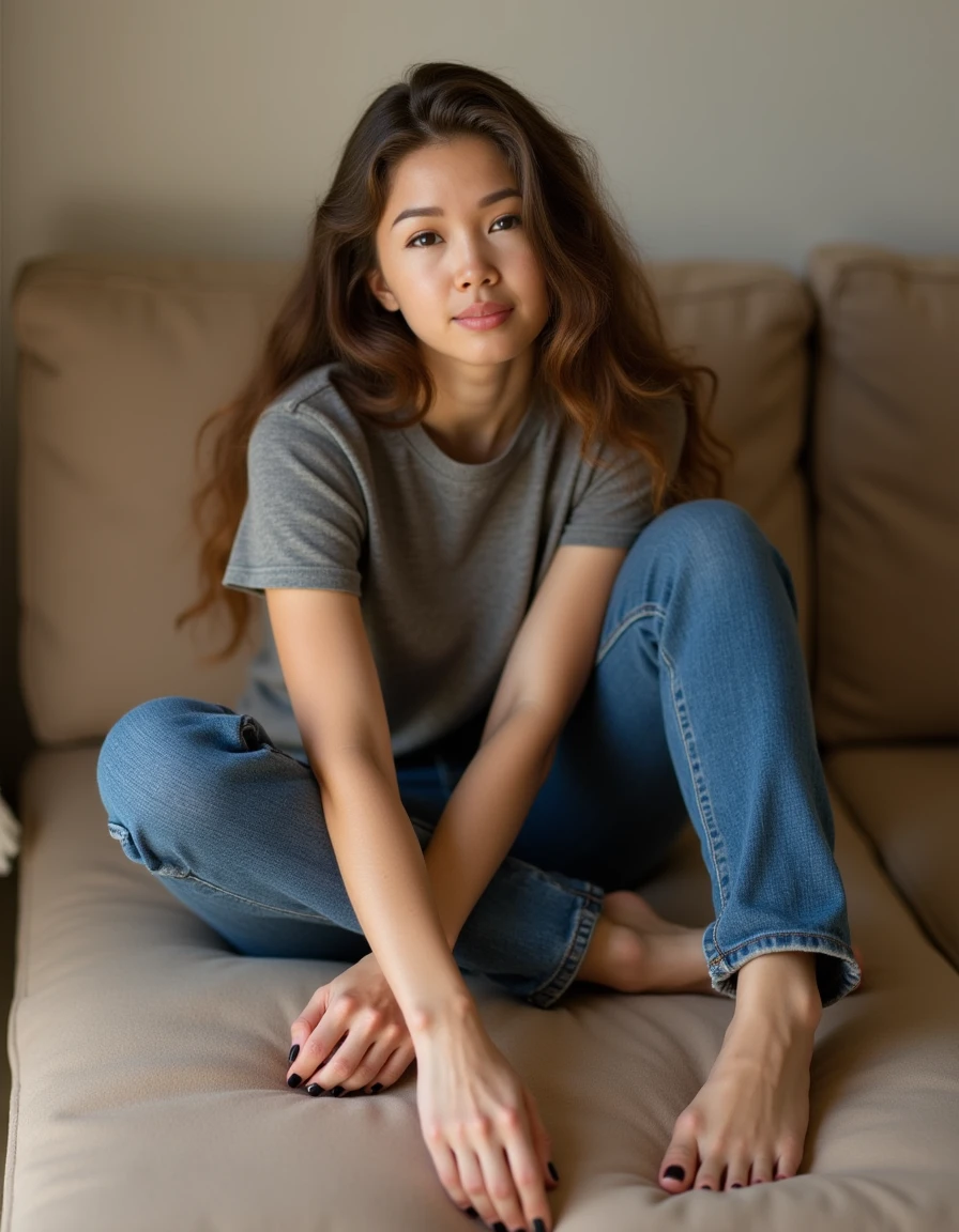 <lora:lin_nobody_asian_dev_f1:1> In this captivating image, "A Moment of Solitude," a young woman exudes serene confidence as she sits on a plush beige-colored couch, her legs crossed in a relaxed pose. Her gray t-shirt and blue jeans form a understated yet chic backdrop for her radiant smile, which is directed straight at the viewer with an unwavering gaze. The subtle play of light on her features highlights the gentle curve of her cheekbones and the softness of her skin, as if infused with a warm golden glow. Her bare feet, adorned with bold black nail polish on her toes, add a touch of whimsy to the otherwise subdued palette, drawing attention to the delicate details of her person.<lora:neeeg_f1:-.51>