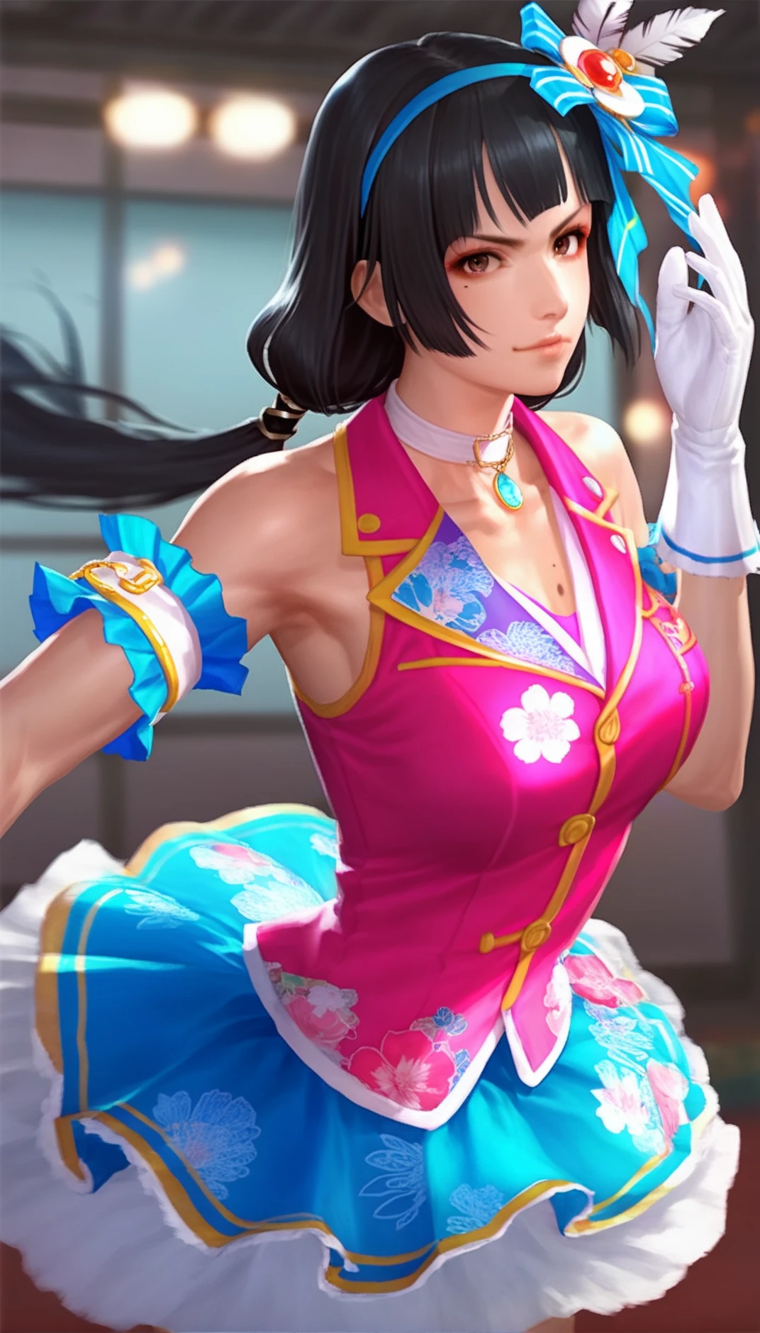 score_9,score_8_up,score_7_up,
<lora:NaotoraIi:0.9>,
naotora ii,
realistic,
1girl,solo,
blunt bangs,black hair,long hair,low twintails,bouncing hair,
brown eyes,looking at viewer,serious face,
pop idol,idol vest,floral print,armband,white gloves,white choker,jewelry,
blue hair ornament,feather hair ornament,blue hairband,golden scrunchie,
mole on breast,
cowboy shot,dynamic pose,
blurry background,indoors,bloom,folding screen,traditional atmosphere,
lights particle,vignetting,