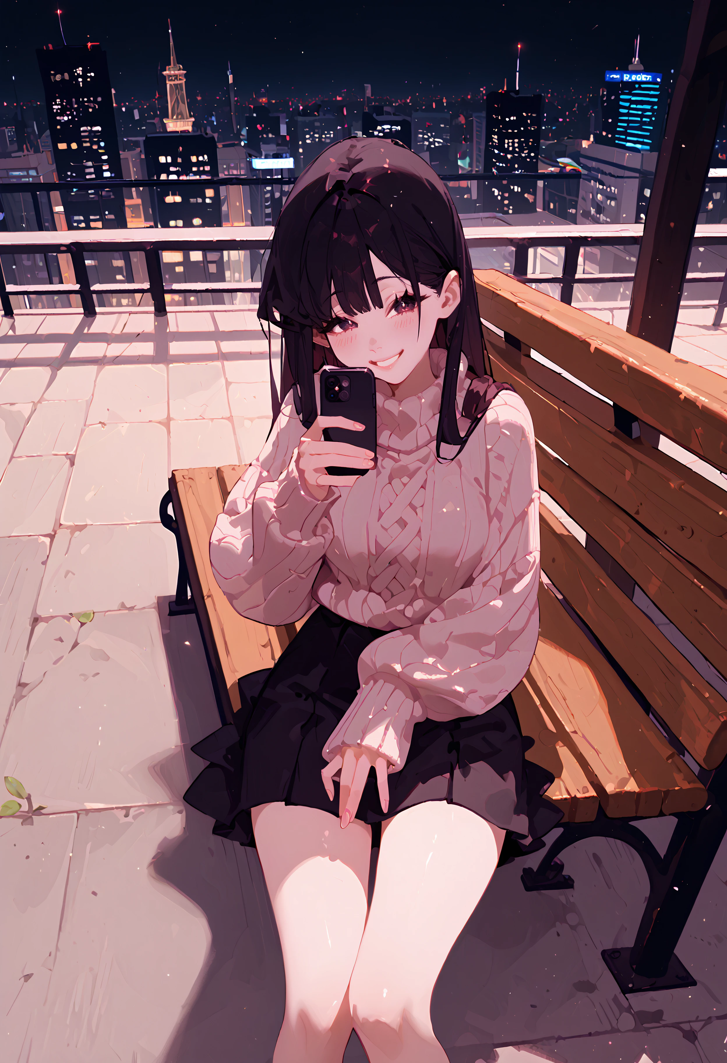 score_9, score_8_up, score_7_up, best quality, source_anime BREAK, Rayne Liebert, 1girl, black skirt, long hair, black hair, medium breasts, black oversized sweater, blush, sitting on bench, outdoors, city, from above, smile, holding phone, <lora:RayneLiebert:1>