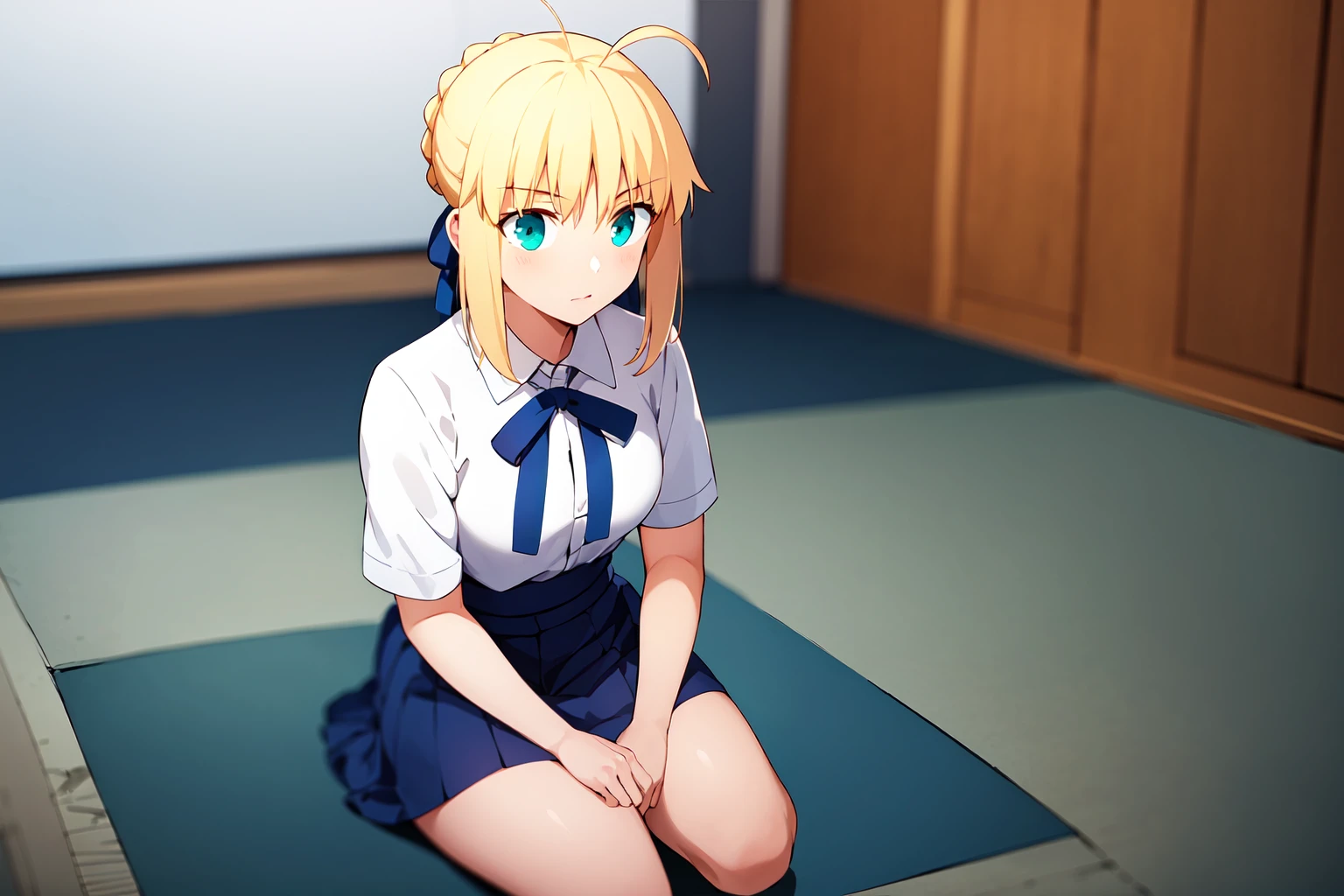 (RAW photo, best quality), 1girl, natural lighting,
<lora:saber_atoria_v1_2-000006:1>, artoria, white shirt, skirt, ribbon, in a dojo, sitting,