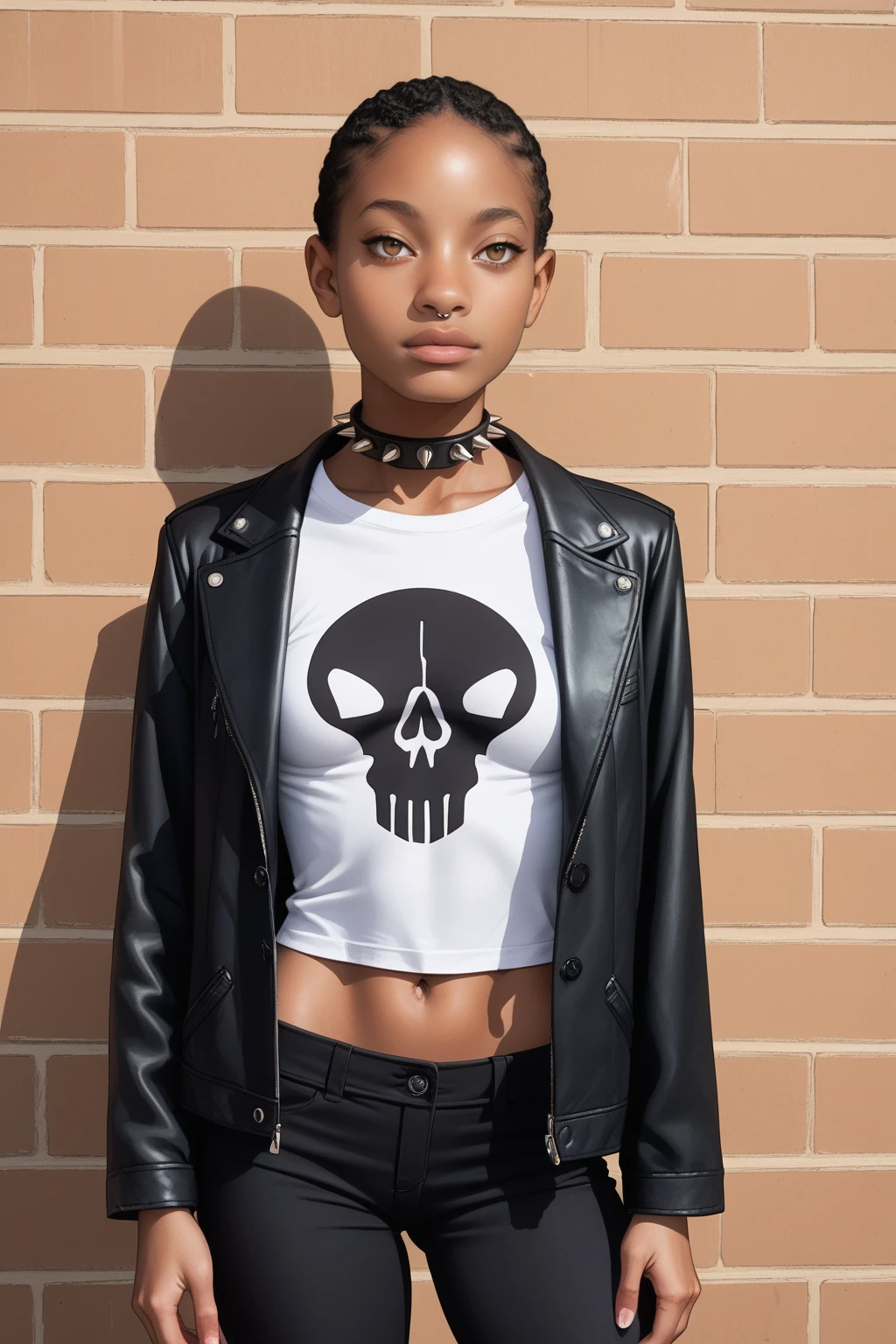 willowsmith, score_9, score_8_up, score_7_up, ((source_cartoon, source_western)), masterpiece, high quality, highres RAW photo, <lora:Lilandava_PDXL:0.8> AdamHughesstyle
solo, a willowsmith 1girl, ((black african american, dark skin, dark skinned female)), <lora:WillowSmith_Pony:1>
dark hair, beautiful eyes, hazel eyes, ((septum nose piercing, septum nose ring)), ((slender physique, small breasts, smallest chest, flat chest))
willowsmith, a willowsmith 1girl of mixed ethnicity with medium brown skin, wearing a black jacket, black midriff top (graphic print t-shirt with skull design), black pants, spiked collar, standing next to a brick building, at night