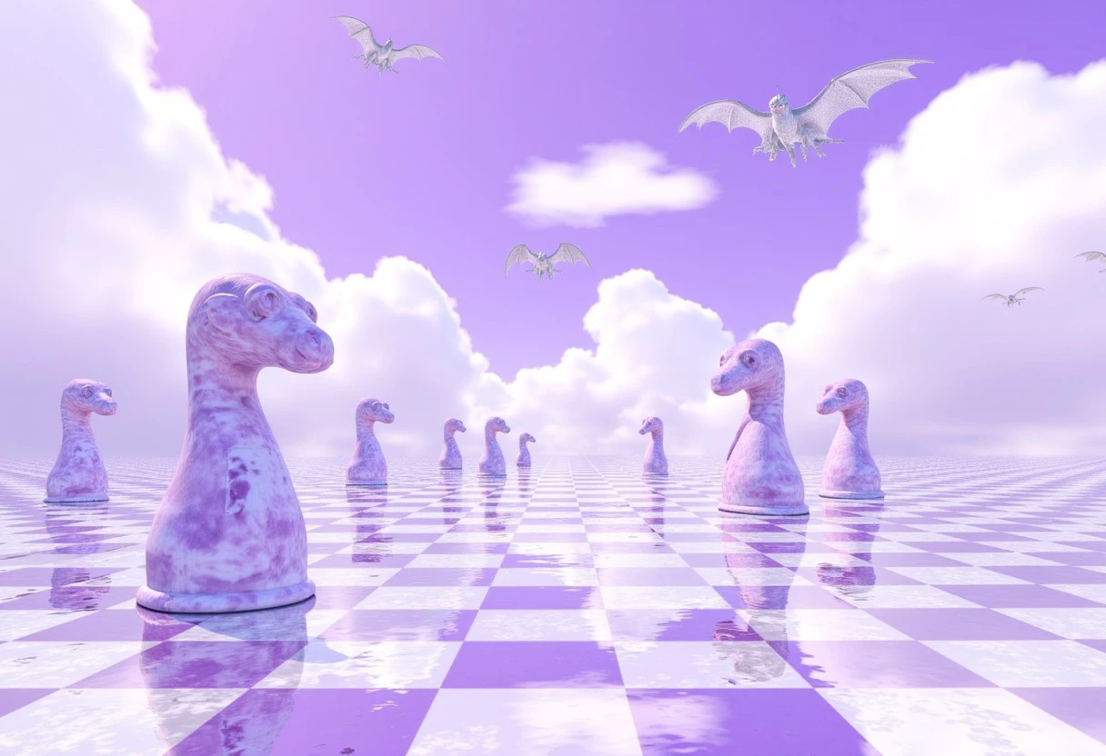 An ethereal, dreamlike 3D render of an infinite checkerboard floor, perfectly reflecting the sky above. The sky is cloudy and purple. A stone dragon flies in the air, marble sculptures of Squidward stand upon the ground,