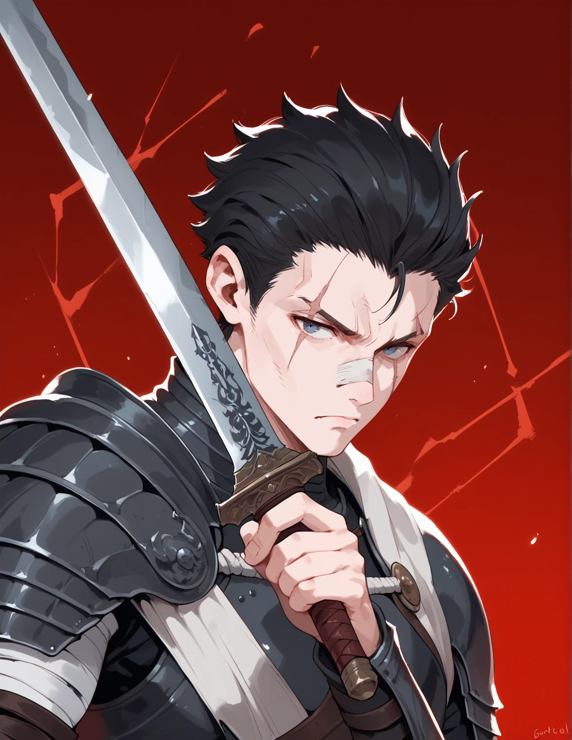 score_9, score_8_up, score_7_up, score_6_up, m1ne0h , lnp, solo, short hair, black hair, 1boy, holding, closed mouth, upper body, weapon, male focus, sword, twitter username, holding weapon, armor, scar, bandages, holding sword, red background, scar on face, huge weapon, black armor, scar on nose, guts (berserk), <lora:m1ne0hv1.1-pony:1>