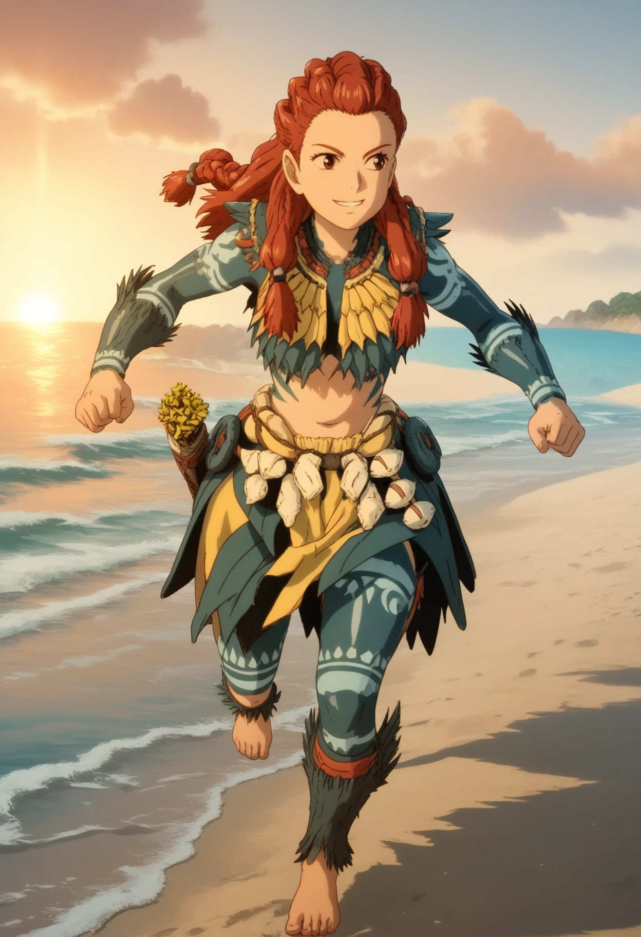 score_9, score_8_up, score_7_up, source_anime, anime screencap, full body, 1girl, solo, aloy, smile, red hair, multiple braids, medium breasts, (tenakth armor:1.3), bodypaint, tribal, (running:1.2), clenched hands, foot up, outstretched leg, beach, ocean, looking to the side,  horizon, sunset, ghibli,
<lora:Aloy:.85>   <lora:Ghibli2XLP:1>