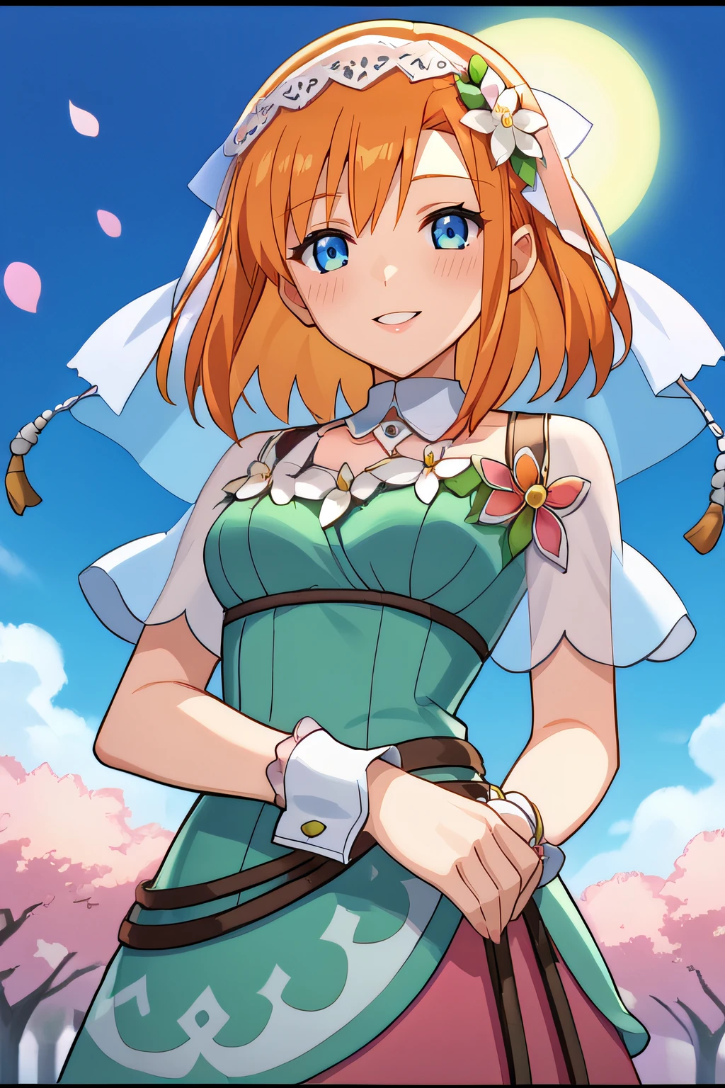 score_9, score_8_up, score_7_up, source_anime, rating_safe, intricate details, anime screencap, official style, 1girl, <lora:Shara:1>, shara, orange hair, blue eyes, medium hair, light green dress, straps, detached collar, lace veil, flower petals around chest, wrist cuffs, pink skirt, green skirt, outdoor, parted lips, blush, cowboy shot, from below, smile, sun