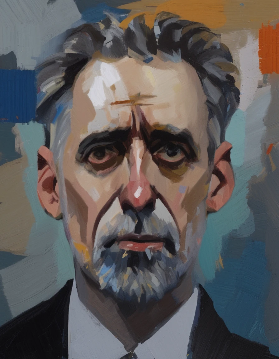 Abstract expressionist painted portrait of Jordan Peterson. Harsh brushstrokes, colorful abstract background.  <lora:Disco_Elysium_Portrait_SDXL:1>