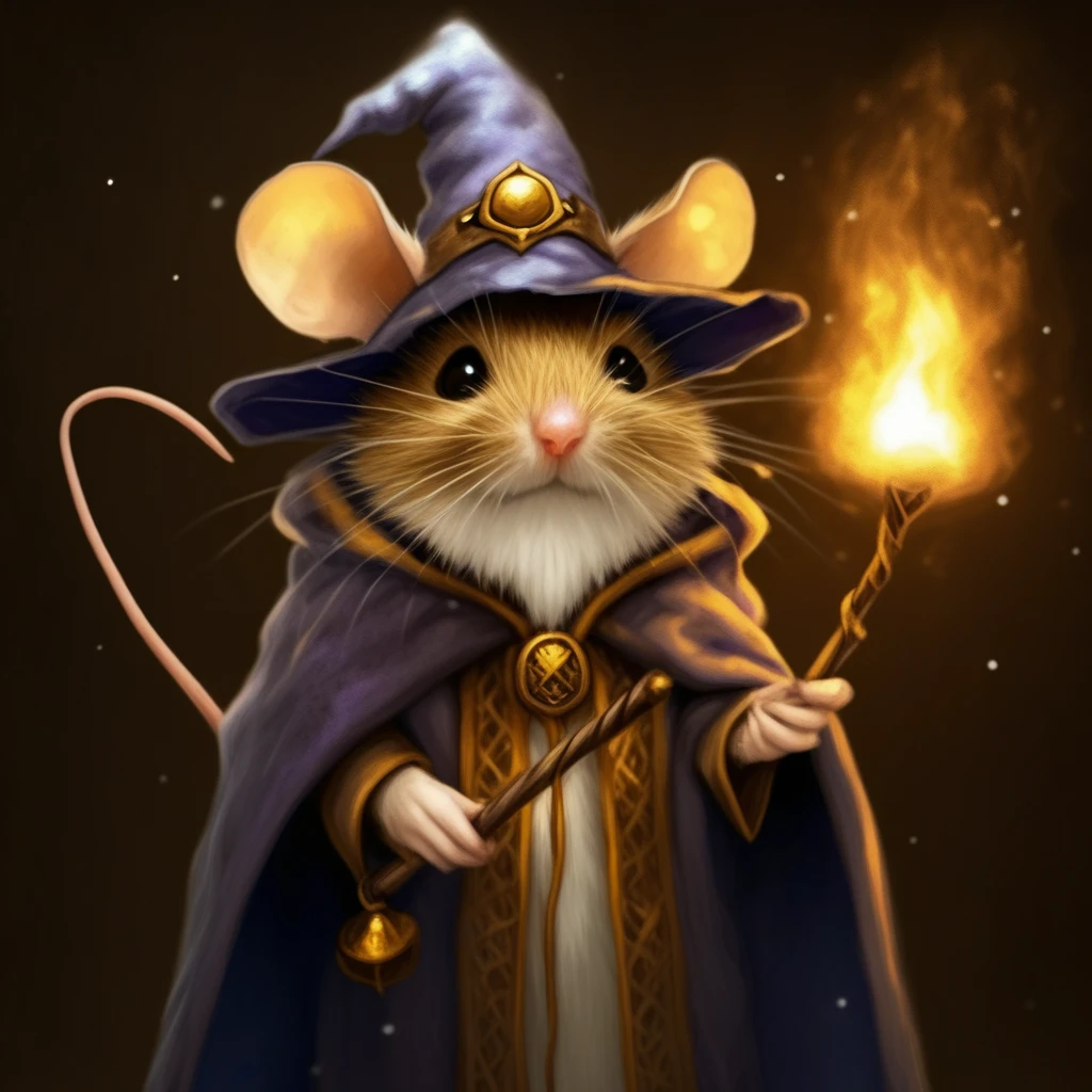 MazesAndMice, The image is a digital illustration of a mouse dressed up as a wizard. The mouse is wearing a purple hat with a gold emblem on it and a blue cloak with gold accents. It is holding a wand with a fire burning on it which is also holding a golden orb. The background is dark and there are small white dots scattered around the mouse giving it a magical and whimsical appearance. The overall mood of the image is mysterious and magical., hat, mouse, wizard, witch hat, fire, holding, solo, cape, whiskers, magic