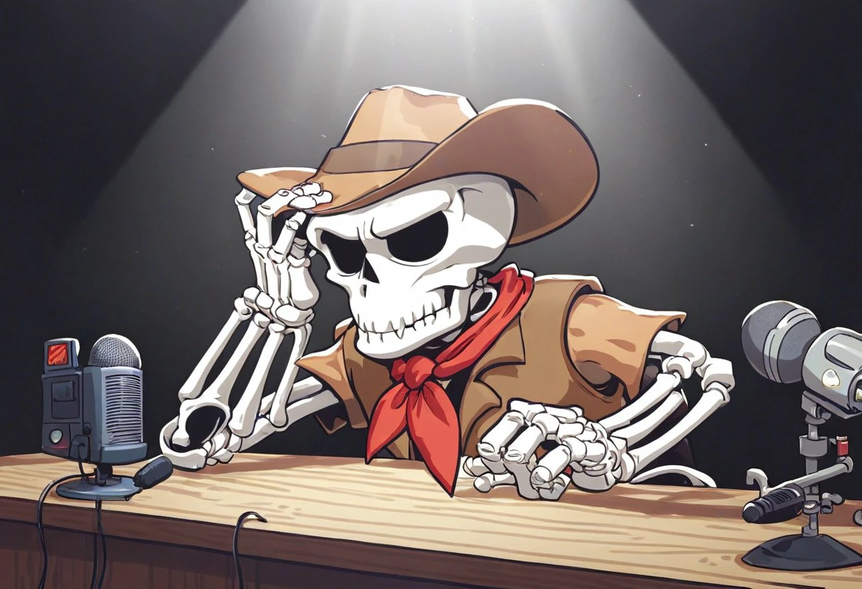 score_9, score_8_up, ghost_tcr, skull, cowboy hat, neckerchief, skeleton, vest, sitting, desk, microphone, radio studio, 1boy, toony, bored, annoyed, holding own head, neon sign reads "ON AIR", solo, black background, spotlight