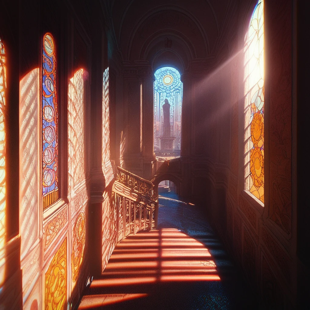 (score_9, score_8_up, score_7_up, score_6_up,) naboo, scenery, no humans, sunlight, palace, window, pillar, indoors, light rays, stained glass, column, day, sunbeam, candle, stairs, chair