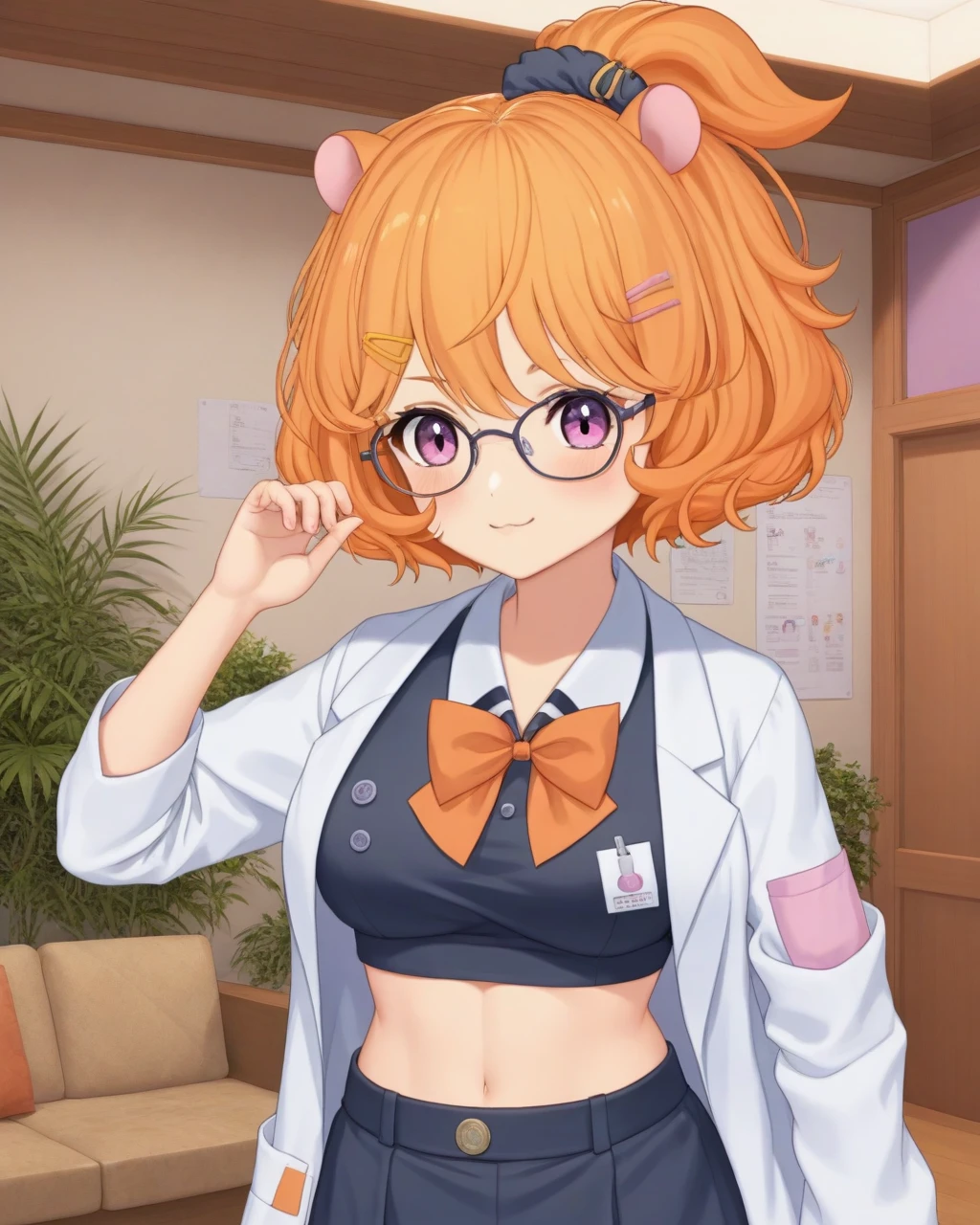 eimi, small hamster ears, short orange curly hair, breasts, pink purple gradient eyes, 
glasses, doctor outfit, indoors, smug, upper body, midriff, navel, looking at viewer, orange tie, 
 <lora:EIMI-XLv2-t1-000002:0.6>