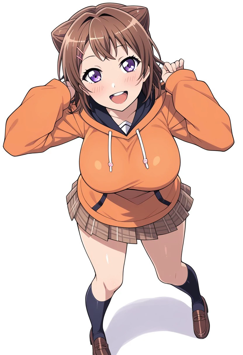 KasumiToyama, 1girl, solo, looking at viewer, blush, smile, short hair, open mouth, skirt, simple background, brown hair, long sleeves, white background, standing, purple eyes, :d, pleated skirt, shoes, teeth, socks, hood, miniskirt, medium hair, hair bun, plaid, kneehighs, hoodie, upper teeth only, plaid skirt, brown footwear, hood down, black socks, loafers, brown skirt, drawstring, cone hair bun, drop shadow, orange hoodie,large breast