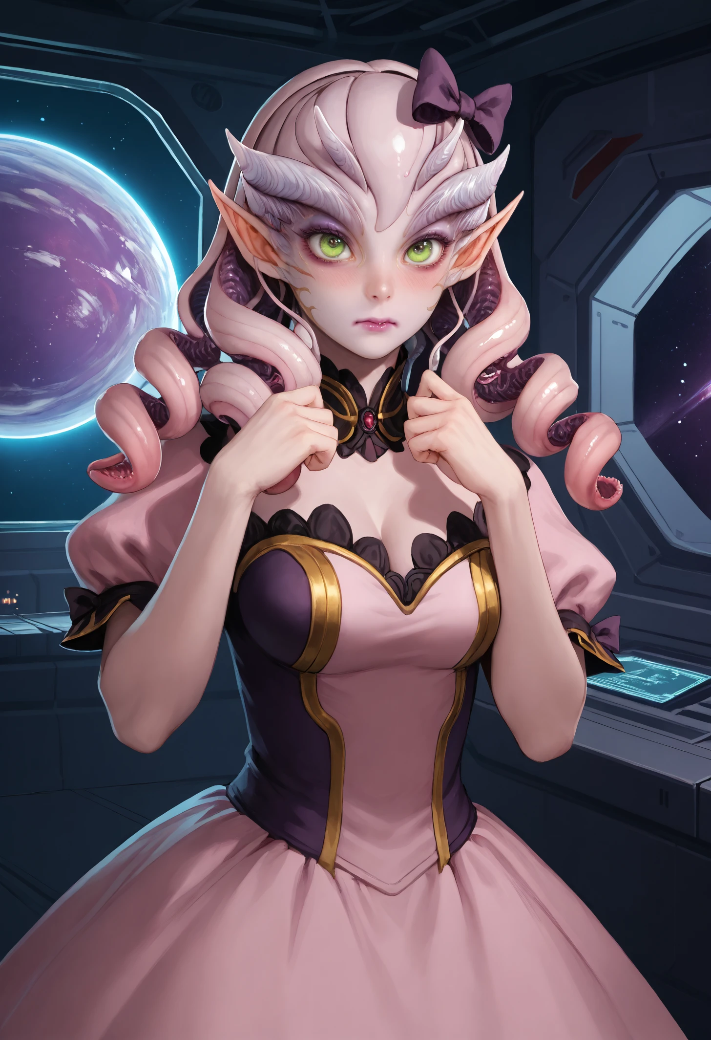 score_9, score_8_up, score_7_up, 1girl, celessub, alien, pink skin, green eyes, eyelashes, pointy ears, lipstick, makeup, eyeshadow, pink hair, tentacle hair, drill hair, long hair, large breasts,
pink dress, puffed sleeves, hairbow, 
looking at the viewer, wavy mouth, blush, embarrassed, hands up,
science fiction, purple theme, spacecraft, space, dark,
<lora:Subverse-Celestina-PDXL_V1-Manityro-CAME:1.0>,