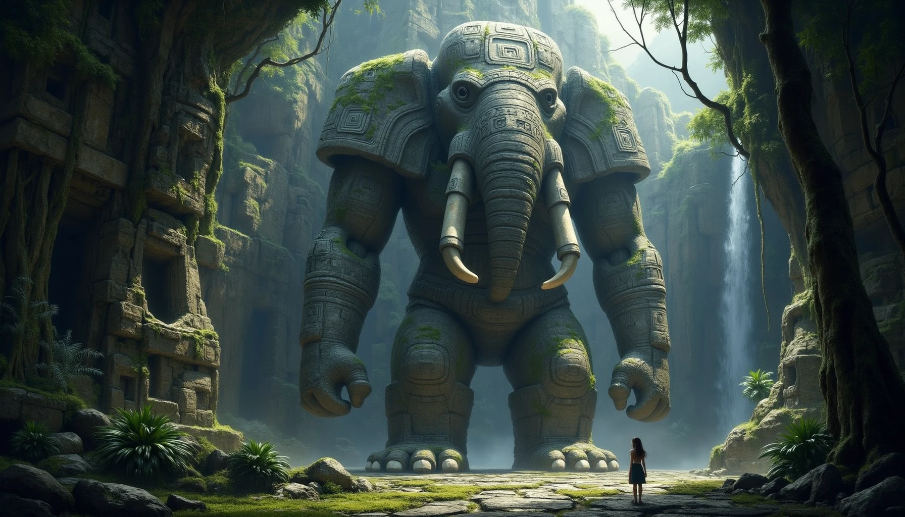 In a dense, post-apocalyptic jungle, towering stone-carved animals—elephants, tigers, and eagles—stand covered in moss and vines. Their massive bodies are embedded into cliffs and forgotten ruins, intricate Mayan and Aztec glyphs glowing faintly on their surfaces. These statues, with jagged stone tusks, claws, and wings, are adorned with ancient symbols of power and protection. The dense foliage and towering trees wrap around them, creating an eerie yet sacred atmosphere. Beams of sunlight break through the thick canopy, illuminating the carvings, while the sound of distant waterfalls fills the air. Laura, standing at the base of one of these colossal stone creatures, sees a faint glow coming from the ancient glyphs, hinting at a long-forgotten power. The environment feels alive, with the ancient and mystical blending with nature.