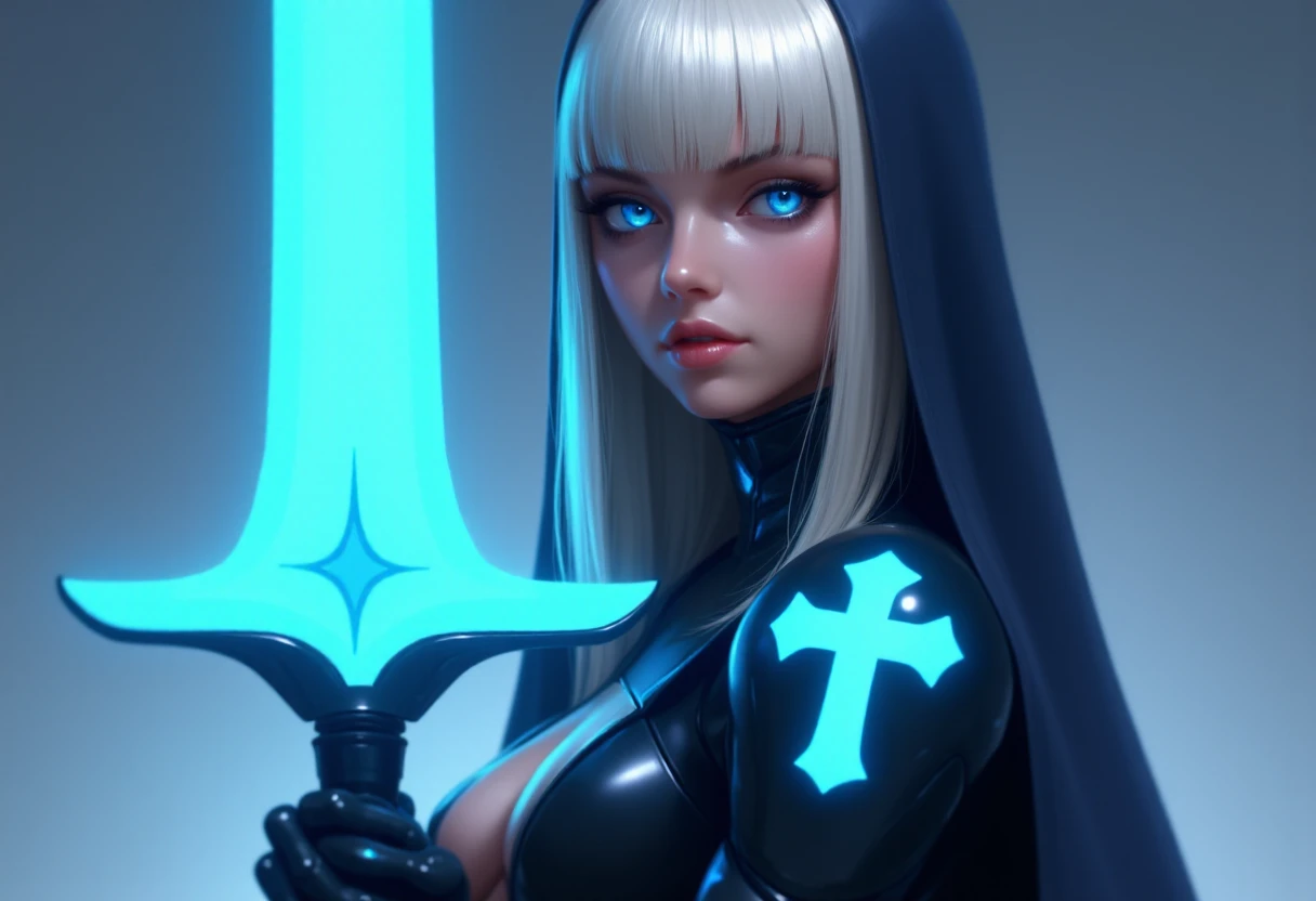 hknuns, holding glowing sword,  The image is a digital painting showcasing a young woman with an ethereal, fantasy-inspired aesthetic. She has long, straight, platinum blonde hair with bangs that frame her face, which is adorned with striking, piercing blue eyes. She is dressed in a dark, high-tech, futuristic nun's habit with a prominent, glowing blue cross emblem on her right shoulder. The habit is primarily dark blue with a high collar and a subtle sheen, suggesting a combination of fabric and armor-like material. <lora:Fluxhknuns-000001:1>