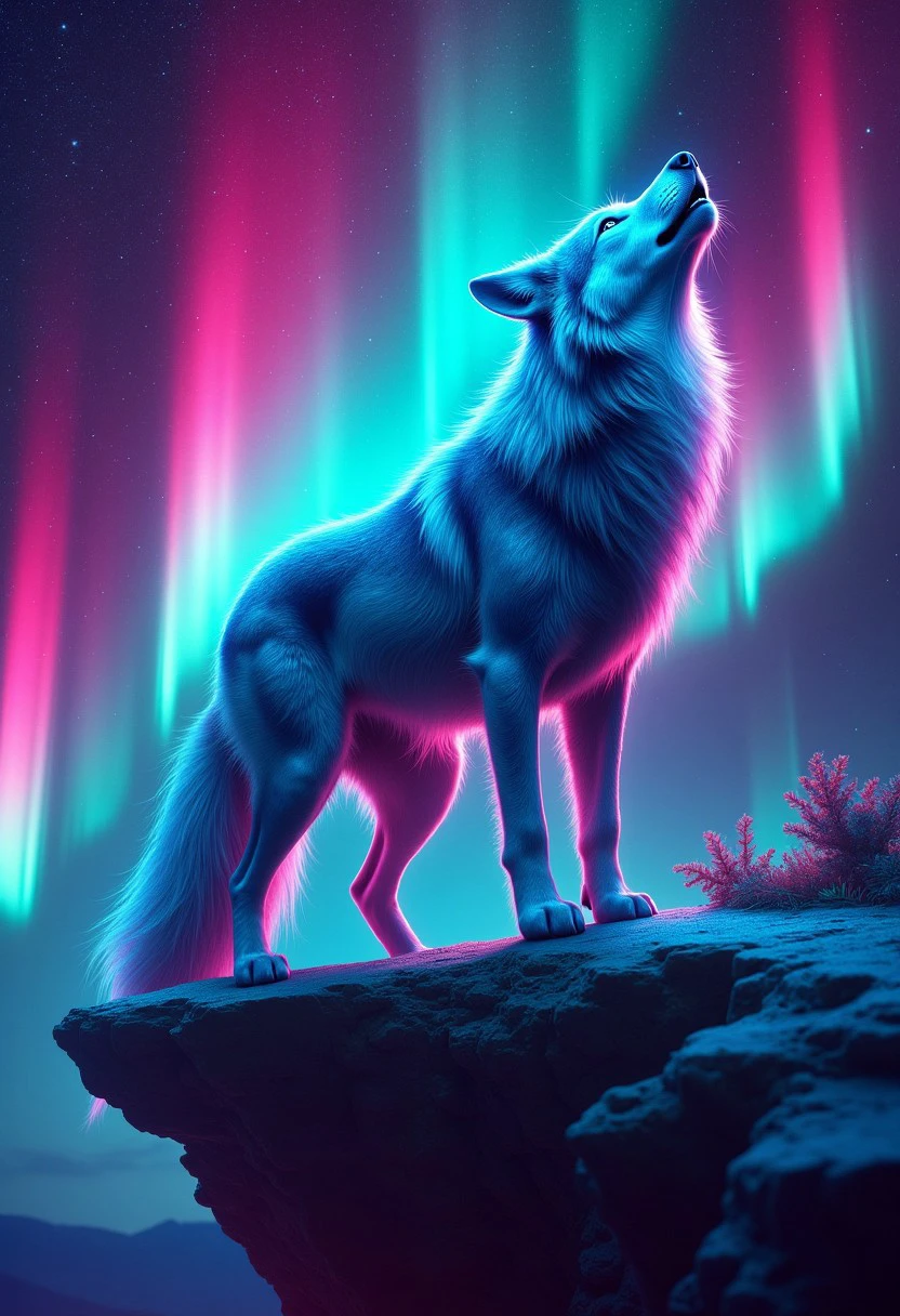 EnchantedAurora, a lone wolf howls on a cliff, surrounded by glowing colors.