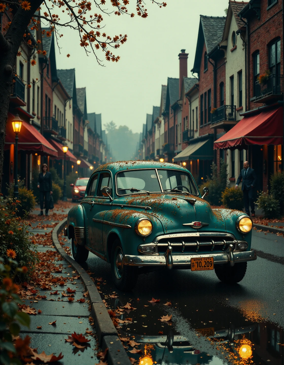 a car parked on a street ,darkfantasycollagestyle ,<lora:flux-collagestyle:1>,