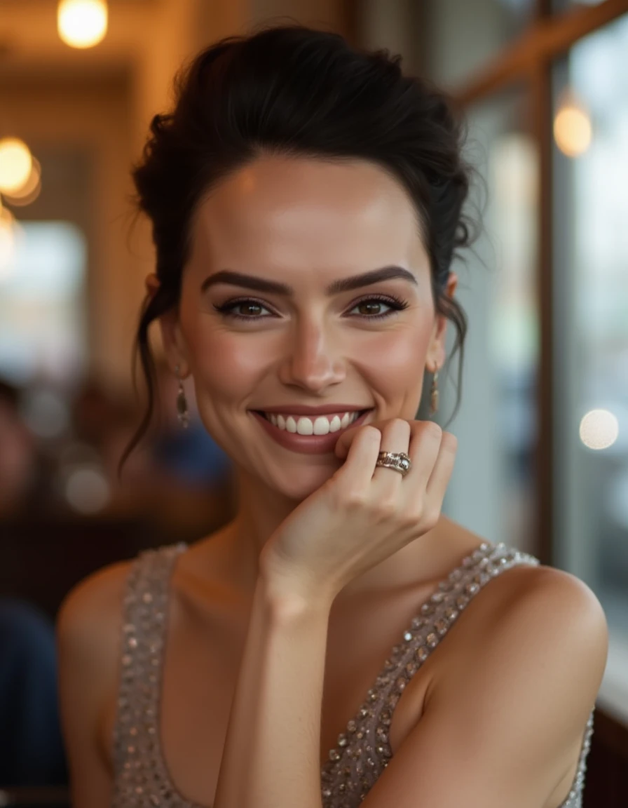 <lora:Daisy_Ridley_Flux:1> realistic photo, dark hair styled in an elegant updo. wearing a dress, in a cafe, looking at the viewer, smiling