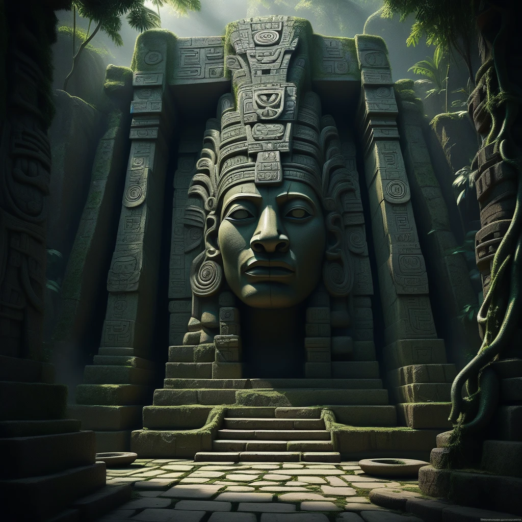 In a grand, ancient temple nestled deep within a jungle, a massive stone carving of a Mayan deity is embedded into the temple walls. The figure wears an elaborate headdress adorned with intricate serpentine patterns and sacred glyphs, reminiscent of ancient rulers and gods. The face of the carving is serene yet powerful, its eyes hollow but glowing faintly with a mystical energy. Surrounding the statue are stone pillars and walls decorated with similar glyphs and sacred animals like serpents and eagles, all slowly being reclaimed by vines and moss. At the base of the statue, offerings of stone bowls, jewels, and ceremonial artifacts lie scattered, left behind by long-forgotten worshippers. The air is heavy with the scent of damp earth and the distant sound of waterfalls, as sunlight filters through the dense jungle canopy, casting soft shadows on the carving. The scene is both eerie and awe-inspiring, evoking a sense of reverence for the deity that once ruled over the people who built this temple.