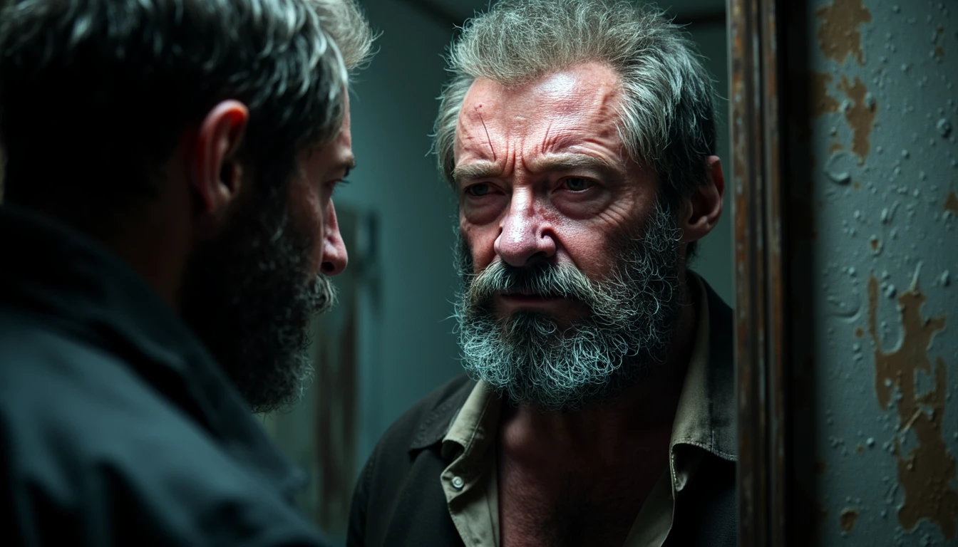 LGN, Create a movie still of Old Man Logan looking into a mirror in a dimly lit room. Capture his weathered face and piercing eyes as he gazes at his reflection, conveying a mix of weariness and determination. Use a cinematic style inspired by Hugh Jackman's portrayal in the X-Men films. The mirror should be slightly cracked or tarnished, symbolizing Logan's fractured past. Employ moody lighting with shadows playing across his face to enhance the introspective atmosphere. Focus on the details of Logan's expression and the texture of his skin, while keeping the background subtly out of focus. Use a color palette of muted blues and grays to emphasize the somber mood. Exclude other characters to maintain the intimate, solitary nature of the moment.