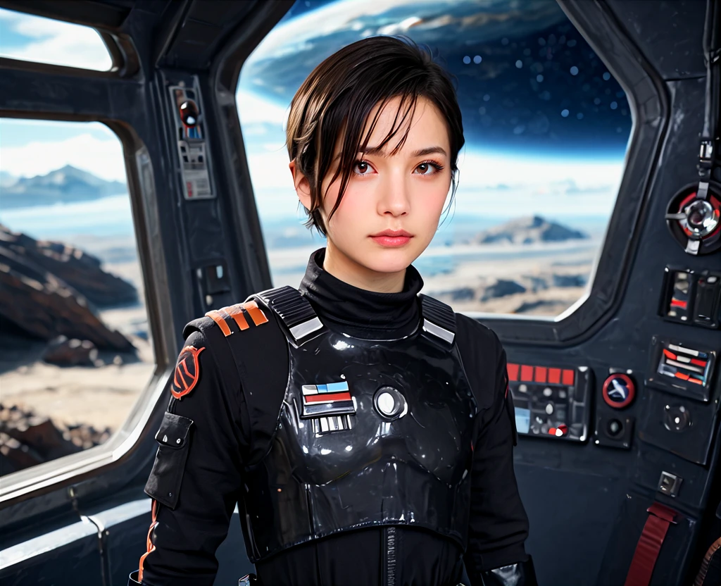 <lora:Seyn_Marana:1> (score_9, score_8_up, score_7_up, score_6_up,) seyn marana, star wars, 1girl, solo, realistic, pilot suit, science fiction, gloves, spacesuit, brown eyes, brown hair, black hair, bodysuit, short hair, looking at viewer, blurry background, spacecraft interior, starry sky, outer space, dark, devoid of life