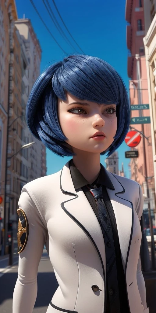 Hyperrealistic, photorealistic, super detailed, white long-sleeved blazer that has black outlines around the collar, expressive sharp slanted moderate vermilion eyes, thick straight black hair with blue reflections bangs swept to the left in a face-framing bob that levels with her chin with dark blue tints, lighter dusting of light-brown freckles, body like in real life, large pores, fair skin, slender, beautiful arms, (very little very flat breasts), unreal engine, octane render, droped shadow, bokeh, cinematic lighting, <lora:add_detail:0.5>, <lora:Volumetric_lighting:0.6>, Kagami Tsurugi,, <lora:dc2cca4f-0ca7-4e9e-8f19-795820b7cd3f:0.7>