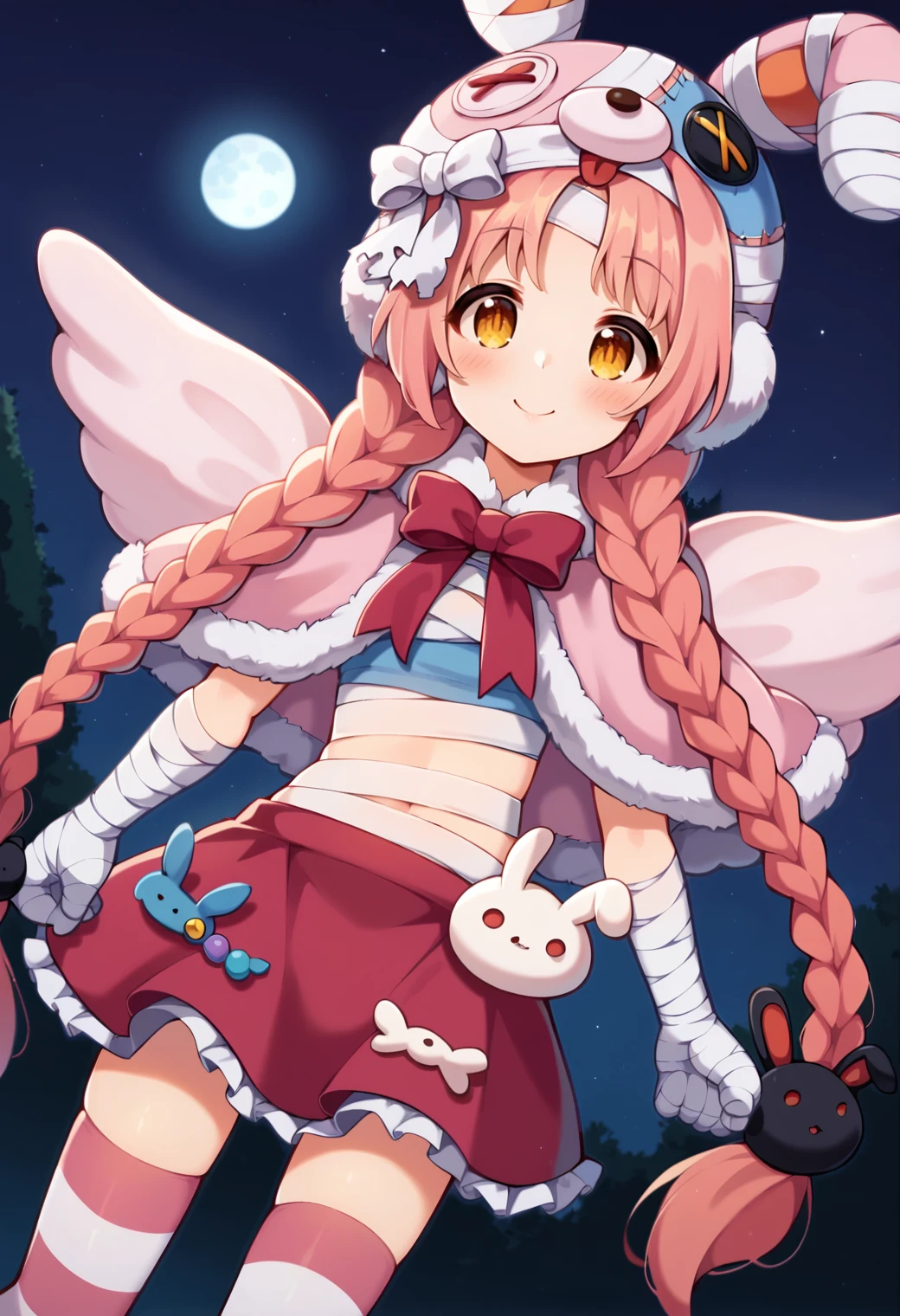 score_9, score_7_up, hd, (ultra hd quality details), source_anime, outdoors, night, moon,
solo, 1girl, pcrmimi, very long hair, twin braids,
mimihal, bandages, animal hat, rabbit hair ornament, pink capelet, fur-trimmed capelet, bandaged hand, red skirt, frilled skirt, striped thighhighs, wings,
looking at viewer, blush, smile,
dutch angle,
<lora:_mimipcr-elesico-pony:1>