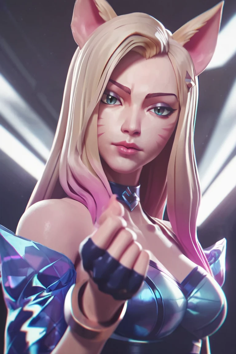 score_9, score_8_up, score_7_up, source_anime, hi res, masterpiece, best quality, highres, k/da (league of legends), ahri (league of legends), 1girl, animal ears, blonde hair, k/da (league of legends), ahri (league of legends), fox ears, fingerless gloves, jewelry, multicolored hair, looking at viewer, parted lips, asymmetrical clothes, breasts, makeup, facial mark, whisker markings, idol