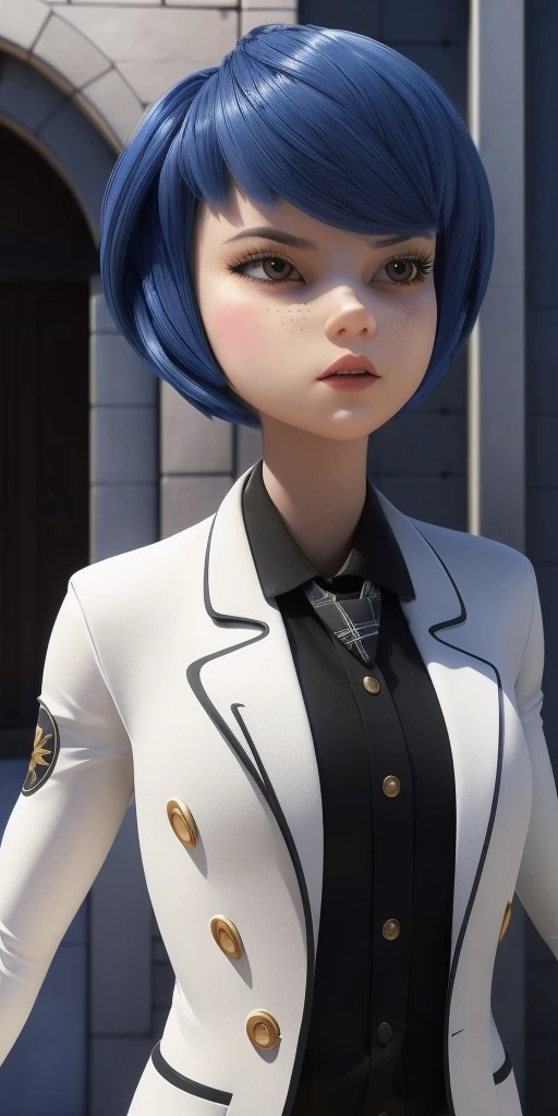 Hyperrealistic, photorealistic, super detailed, white long-sleeved blazer that has black outlines around the collar, expressive sharp slanted moderate vermilion eyes, thick straight black hair with blue reflections bangs swept to the left in a face-framing bob that levels with her chin with dark blue tints, lighter dusting of light-brown freckles, body like in real life, large pores, fair skin, slender, beautiful arms, (very little very flat breasts), unreal engine, octane render, droped shadow, bokeh, cinematic lighting, <lora:add_detail:0.5>, <lora:Volumetric_lighting:0.6>, Kagami Tsurugi,, <lora:dc2cca4f-0ca7-4e9e-8f19-795820b7cd3f:0.7>