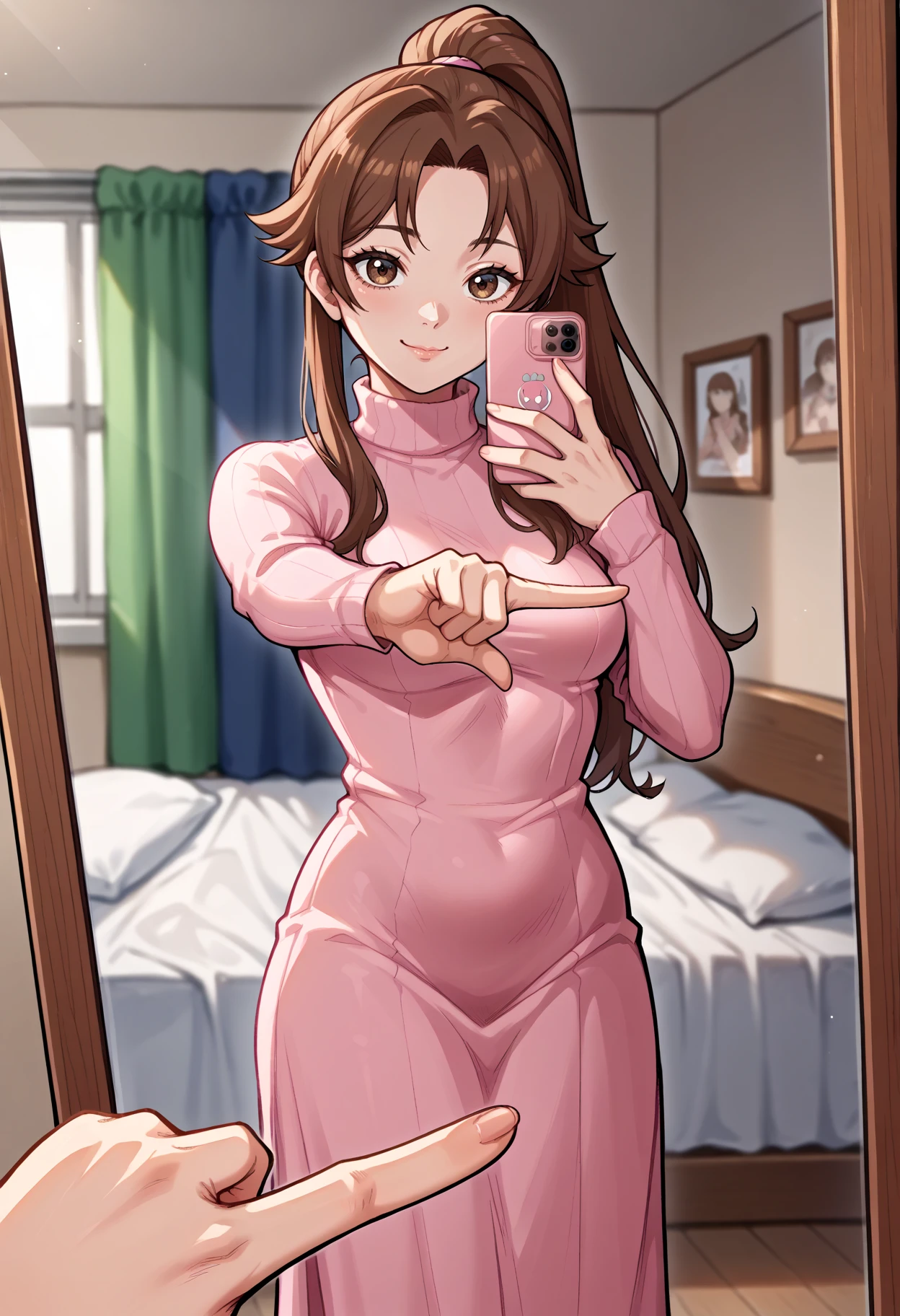 score_9, score_8_up,score_7_up, source_anime, 1gil, solo, <lora:Ippnyb_pdxl_EliPot:1>
onefingerselfie, covering crotch, pov hands, looking at mirror, selfie, holding phone, reflection, cellphone, convenient censoring, covering privates, covering nipples, smartphone, taking picture,
looking at viewer, standing, cowboy shot, blurry foreground, contrapposto, looking at phone, hand up,
seductive smile, turtleneck, dress, long dress, brown hair, high ponytail, cable knit, pink dress,