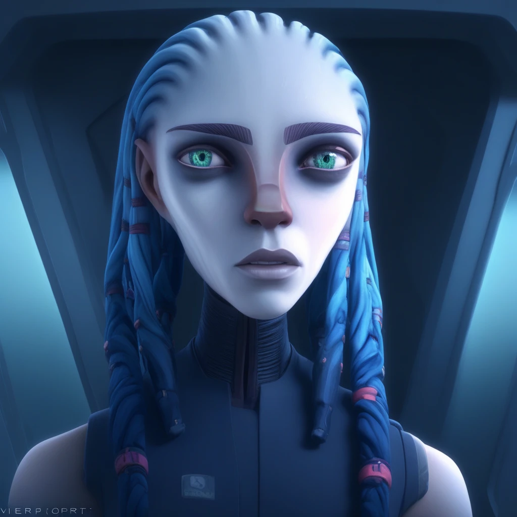 gwyndala, 1girl, solo, alien, long hair, colored skin, braid, blue hair, portrait, closed mouth, glass, green eyes, facial mark, broken glass, viewport, space