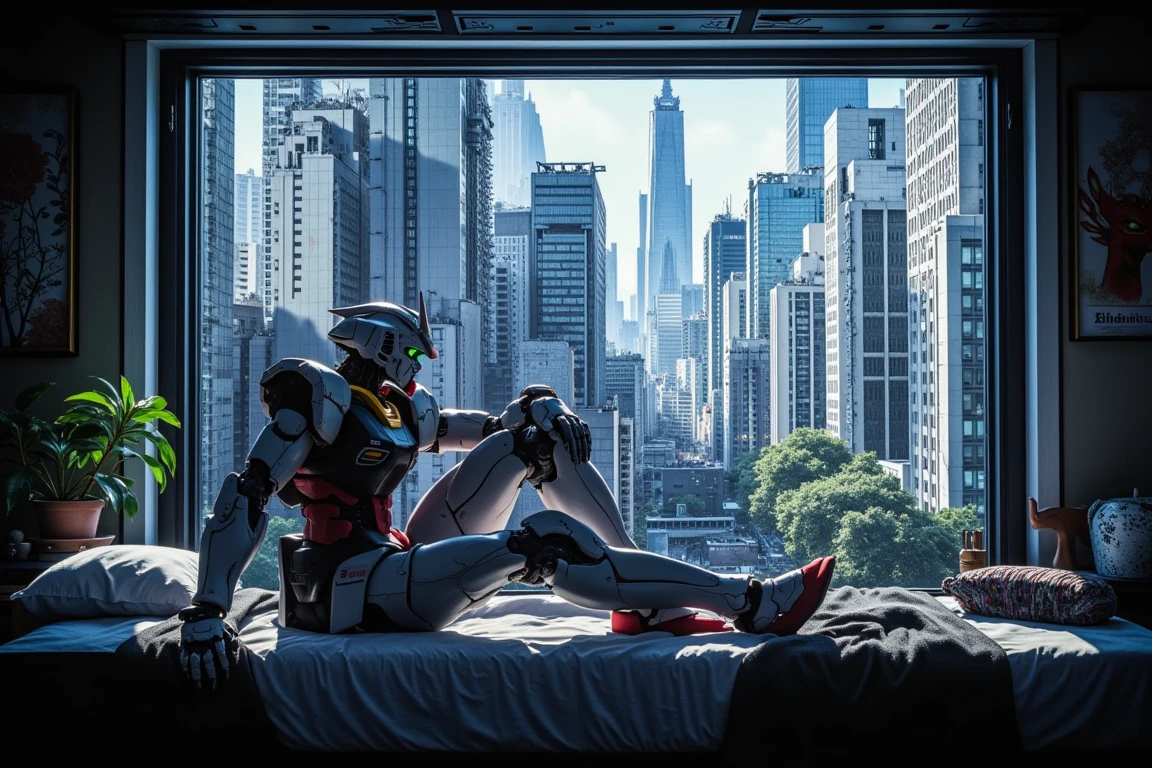 perfect detailed, gundam robot, sitting on a bed by the koukaku window, knee up, look out the wide window, dark, HDR, close up