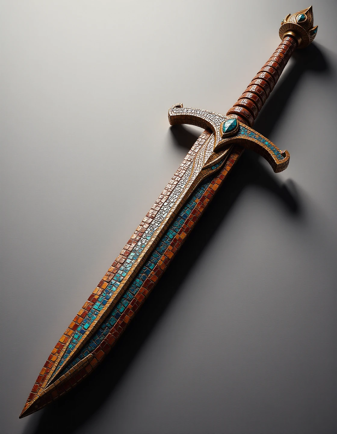 made out of colourful mosaic  horror-themed "Fusion Sword Murasame Blade", eerie, unsettling, dark, spooky, suspenseful, grim, highly detailed, <lora:flux-mosaicstyle:1>