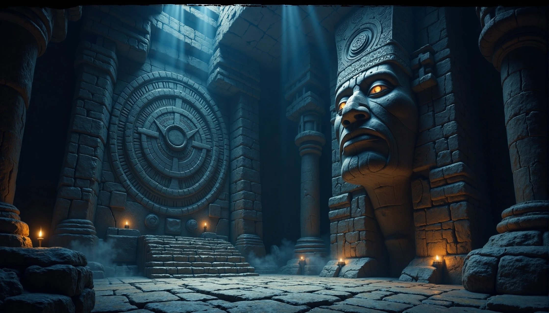 In a dimly lit, ancient chamber deep within a forgotten temple, an enormous stone-carved Mayan calendar dominates the wall. The intricate circles of glyphs and celestial symbols tell the story of forgotten ages, their meanings known only to the most learned scholars of a lost civilization. At the center, the face of a fierce god stares outward, its eyes glowing faintly, as if watching over the temple even in its abandonment. The stone is worn from centuries of exposure but still holds a powerful, mystical energy. Nearby, the towering head of a stone-carved ruler looms large, gazing upward, his face adorned with sacred patterns and glyphs. The air is thick with the scent of ancient dust and incense, while faint blue light from above cascades over the carvings, casting deep shadows that amplify the grandeur and mystery of this long-forgotten place. The atmosphere is heavy with the sense that these carvings are more than just symbols—they are a gateway to forgotten knowledge, waiting to be unlocked by those brave enough to seek it.