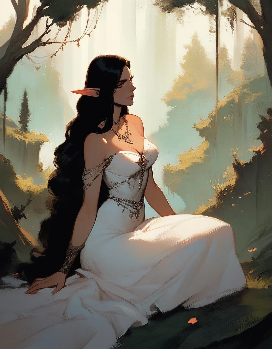 score_9, score_8_up, score_7_up, score_6_up, painting, MTGr3b3cc4, 1girl, solo, long hair, black hair, dress, jewelry, sitting, pointy ears, necklace, tree, elf, nature, forest, <lora:MTGr3b3cc4-pony:1>