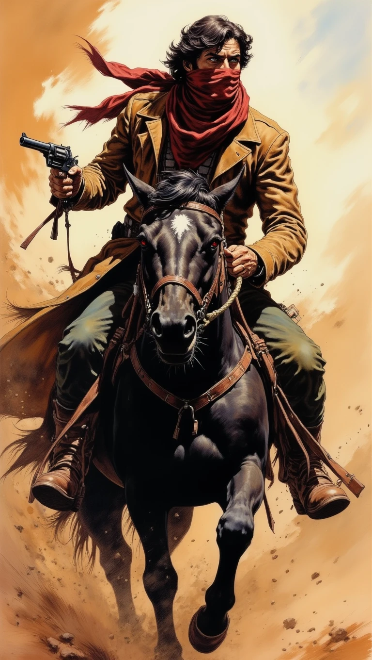 A hardened outlaw with a bandana covering  completely his face rides through a dusty desert on a black horse. His eyes are sharp and vigilant, scanning the horizon for danger. The wind whips at his tattered coat as he clutches a revolver in one hand
<lora:Adventure_Comic_Book:0.8>