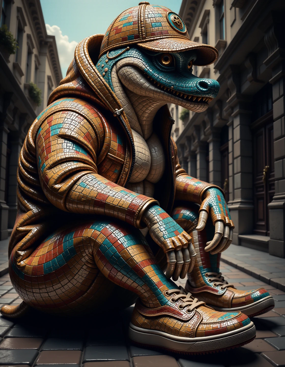 made out of colourful mosaic, "Doomcaller", rocking the streetwear trend, Urban, hip-hop influence, sneakers, caps, oversized, highly detailed, <lora:flux-mosaicstyle:1>, exquisite color, dynamic background, deep rich colors, very inspirational, dramatic, romantic, highly intricate, beautiful elegant