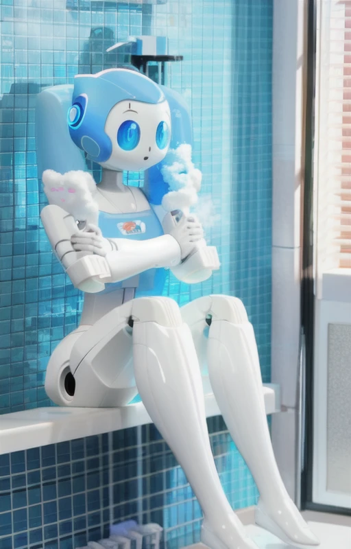 a humanoid robot, legs, arms, face, hand up,
beautifly eyes
<lora:ConceptRealRobotV2-000014:0.6> robot, science fiction, cable, diy, 3d printed
<lora:washing_body_v09a:0.6>  washing body, holding sponge, sponge, (soap bubbles:1.2), (soap censor), convenient censoring, sitting, steam, bathroom