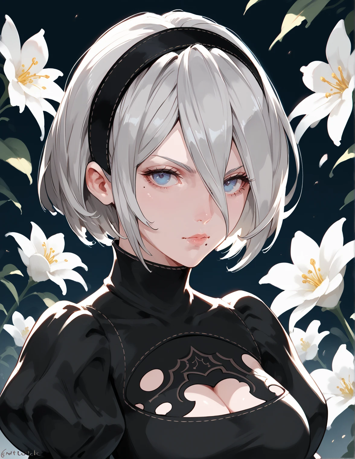 score_9, score_8_up, score_7_up, score_6_up, m1ne0h , lnp, 1girl, solo, breasts, looking at viewer, short hair, blue eyes, long sleeves, dress, cleavage, medium breasts, upper body, flower, white hair, grey hair, hairband, puffy sleeves, twitter username, mole, black dress, clothing cutout, turtleneck, cleavage cutout, black hairband, juliet sleeves, mole under mouth, yorha no. 2 type b, <lora:m1ne0hv1.1-pony:1>