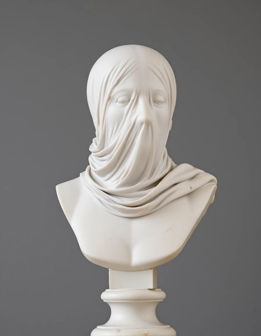 marble statue of bust of a woman with cloth veil covering her face   <lora:statue:1>