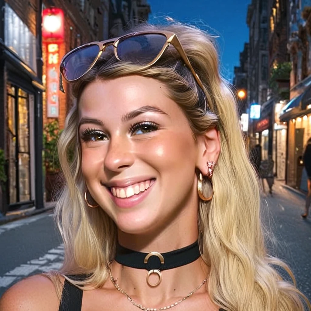 core_9, score_8_up, score_7_up, 

choker, closeup, on the street, city street, night, smile, black dress, sunglasses on head, 