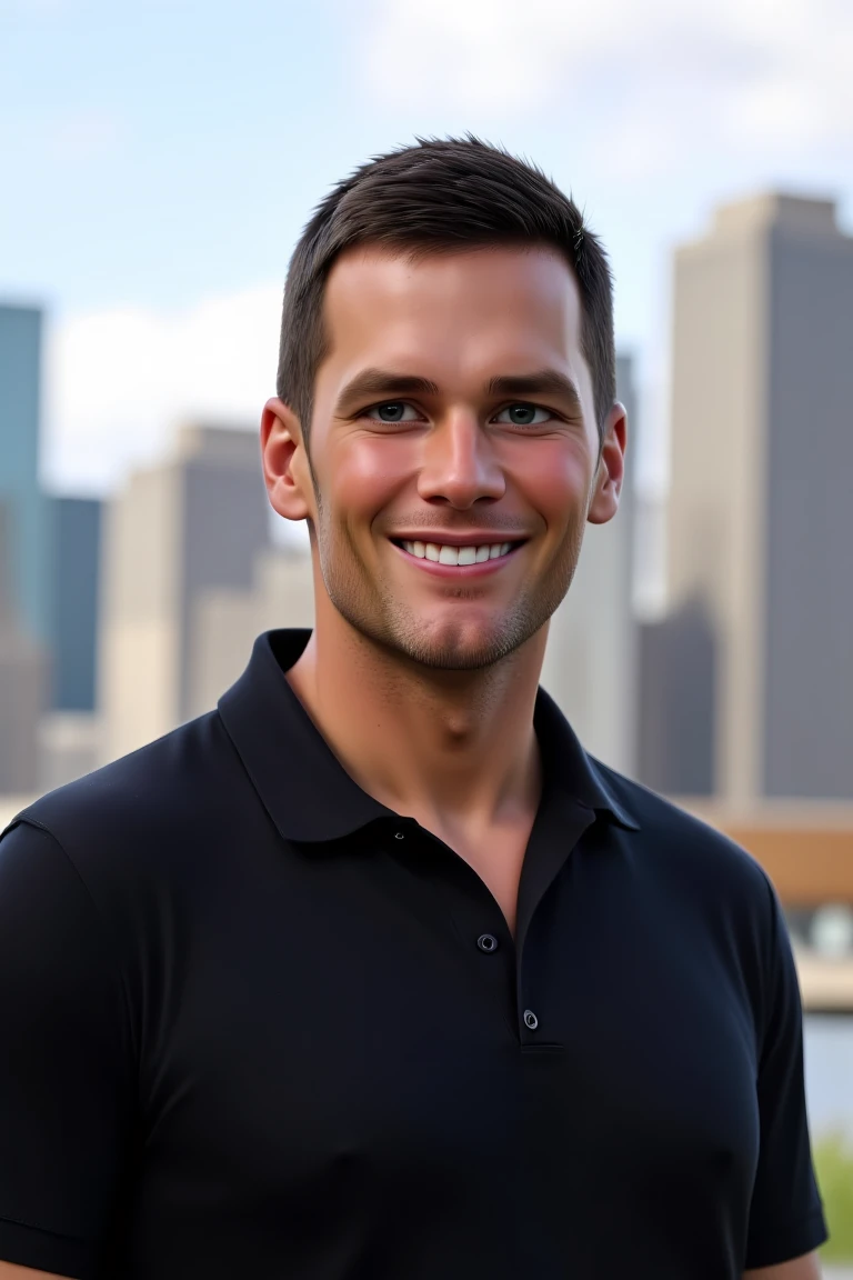 photo of Tom Brady, a man in a black shirt is smiling city as background