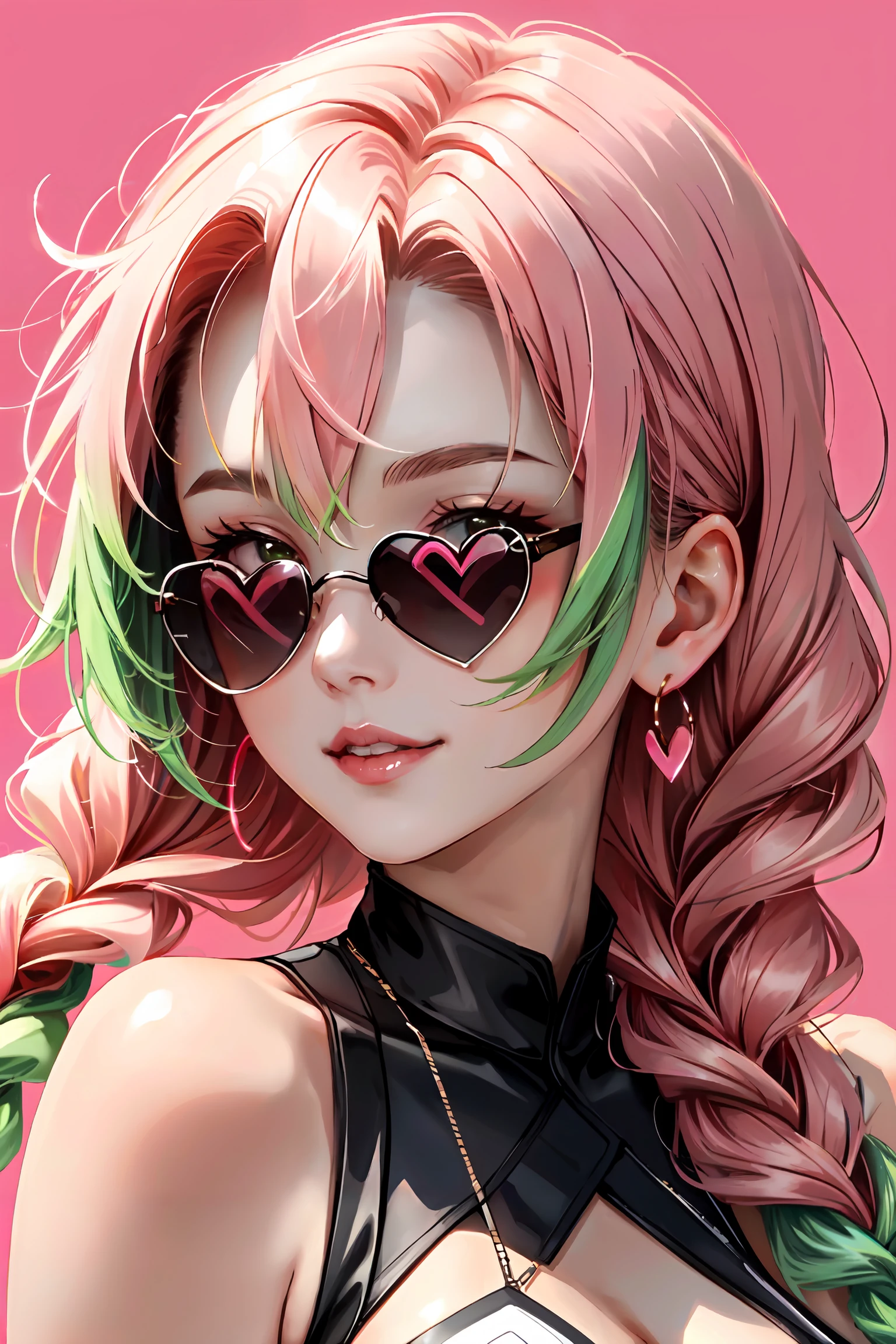 mitsuri_kanroji, 1girl, solo, long hair, looking at viewer, smile, simple background, jewelry, pink hair, braid, heart, earrings, green hair, mole, twin braids, lips, mole under eye, pink background, sunglasses, portrait, tinted eyewear, heart-shaped eyewear, looking over eyewear, pink-tinted eyewear, kanroji mitsuri, <lora:mitsuri_kanroji-03:1>