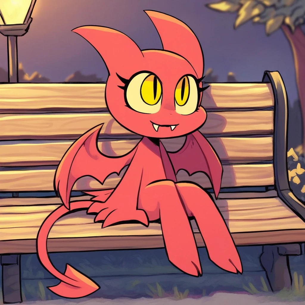 score_9, solo, satina, yellow eyes, fangs, wings, tail, cute, outdoors, sitting, bench, natural lighting