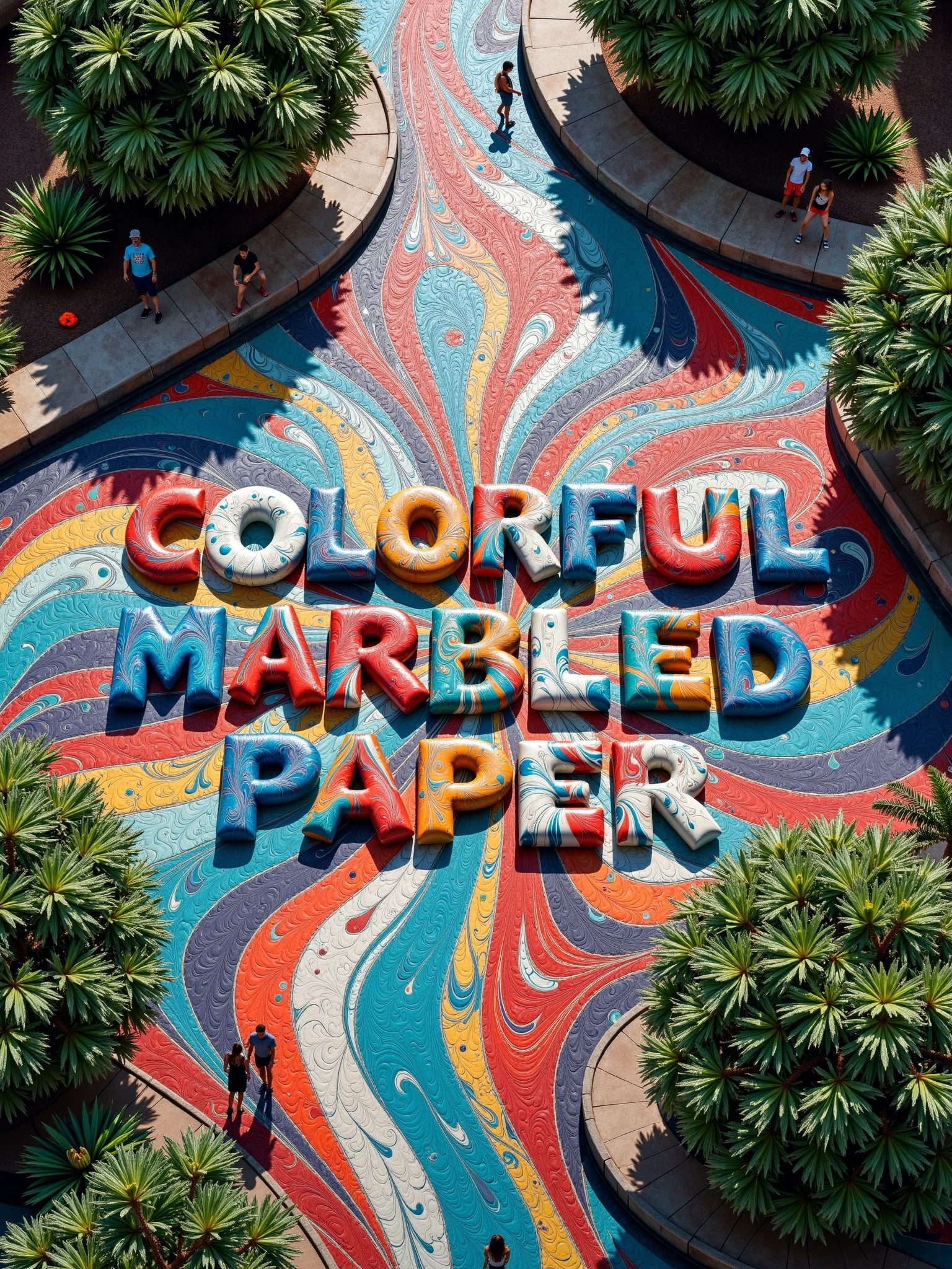 cobblestone plaza (birds eye-view:1.4), mad_clrflmrbldppr stones forming the text "COLORFUL MARBLED PAPER", trees, bushs, flower, people walking around <lora:colorful-marbled-paper-flux:1.0>