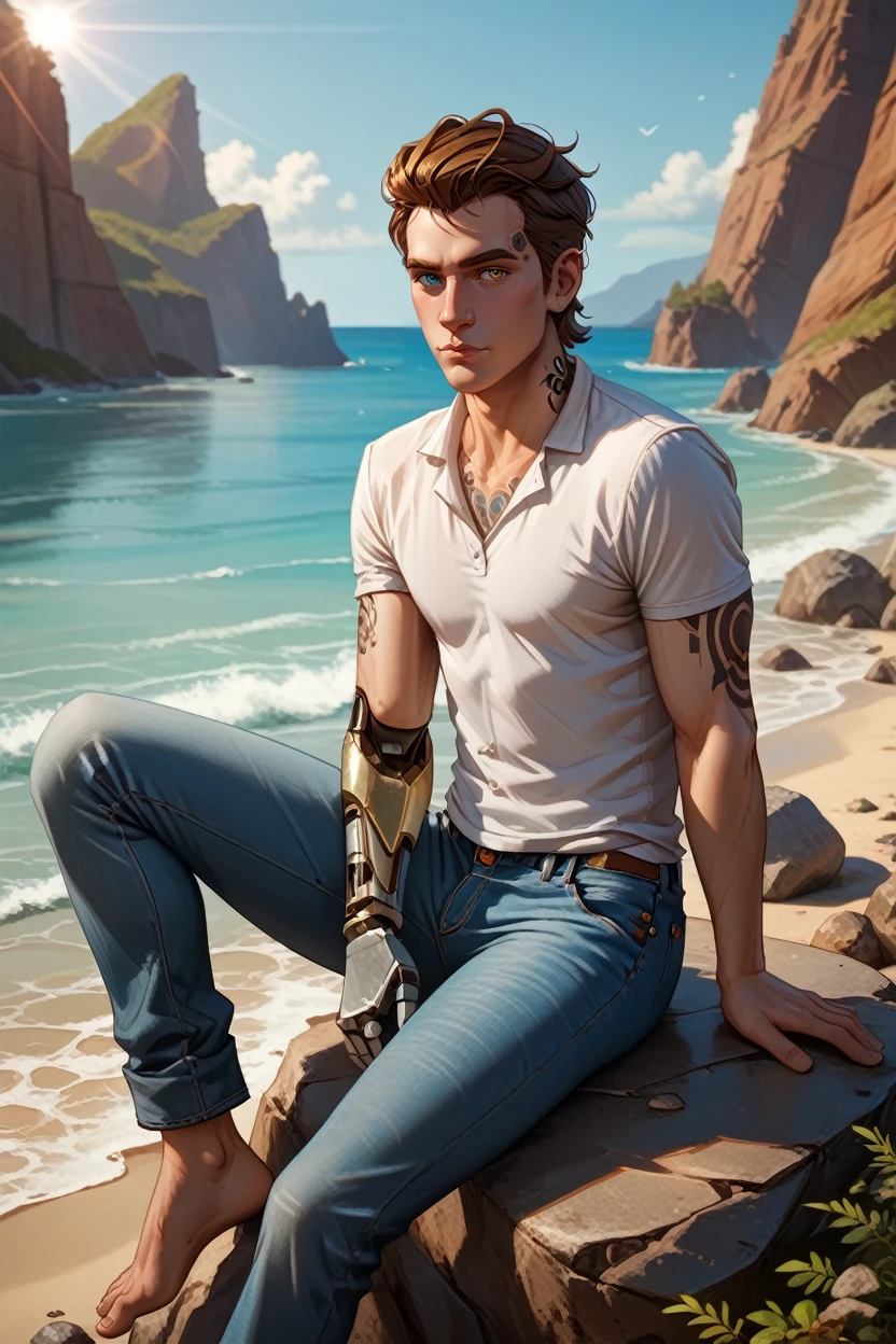 score_9, score_8_up, score_7_up, score_6_up
<lora:BLRhys:0.8>
BLRhys, 1boy, heterochromia, brown hair, android, tattoo, single mechanical arm, looking at viewer, male model in a white t-shirt, sitting on a beachside rock, jeans rolled up, barefoot, gazing at the horizon, soft sunlight, serene expression